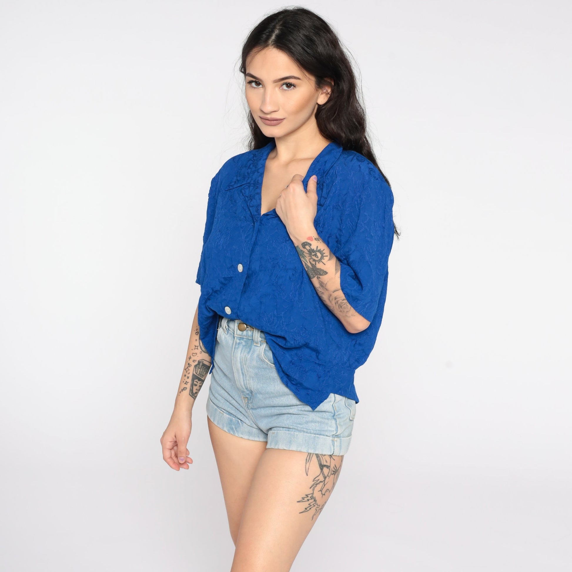 80s Royal Blue Floral Embossed Button-Up Blouse Cutout Back Medium