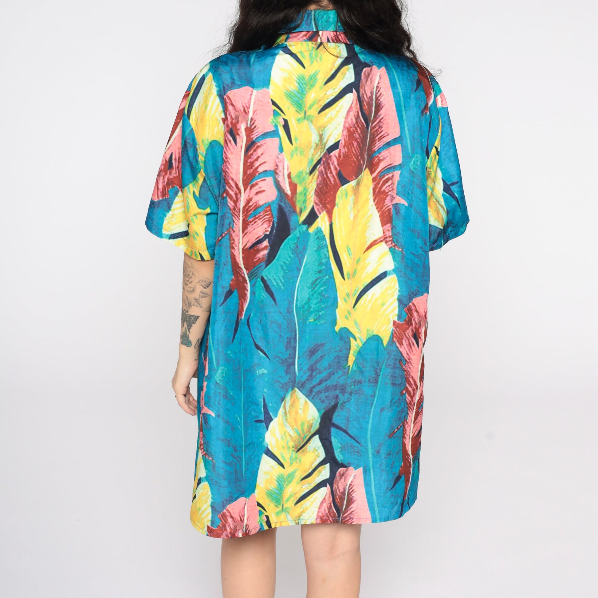 80s Tropical Leaf Print Hawaiian Button-Up Blouse Blue Short Sleeve Extra Large