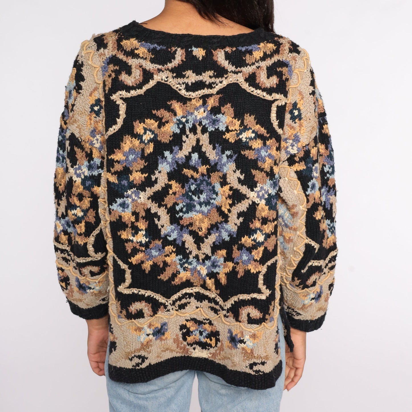 90s Black Floral Print Sweater Cotton Ramie Knit Pullover Large L