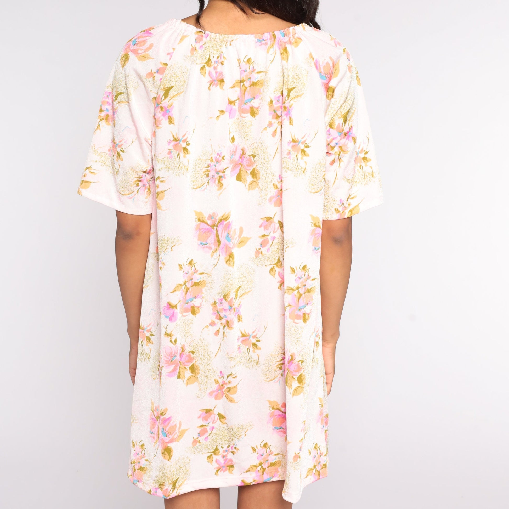 70s Floral Mini Dress Keyhole Shift Short Sleeve Pink Medium Large