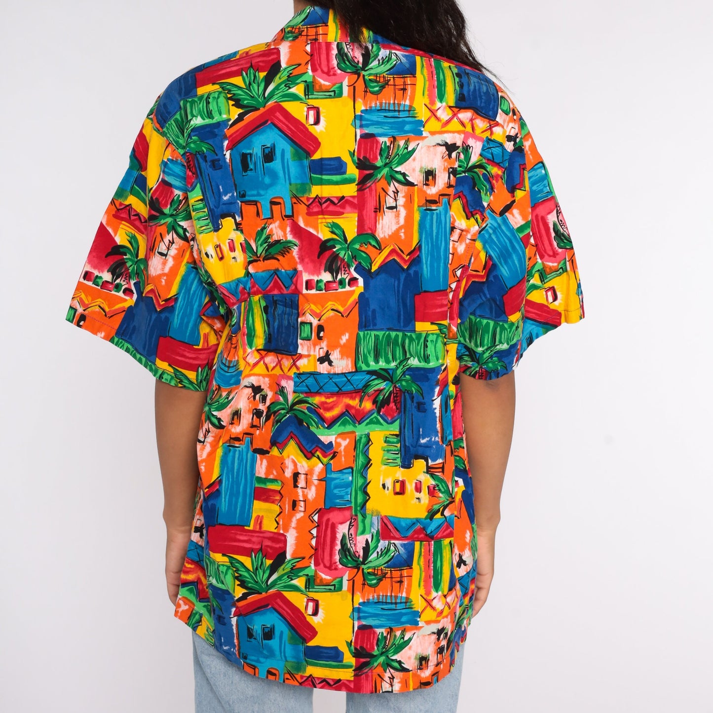 80s Tropical Palm Tree Button-Up Shirt Cotton Hawaiian Surfer Large