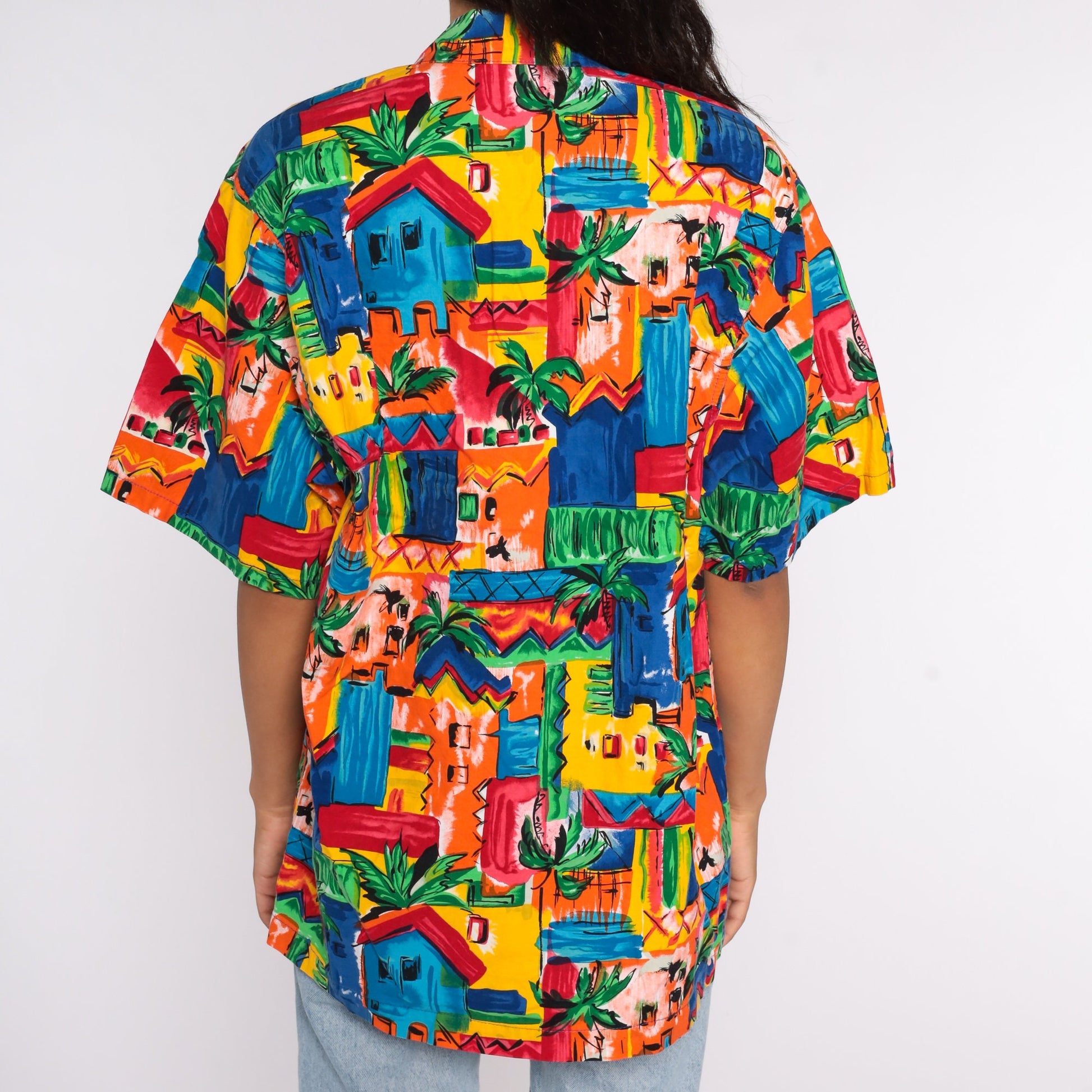 80s Tropical Palm Tree Button-Up Shirt Cotton Hawaiian Surfer Large