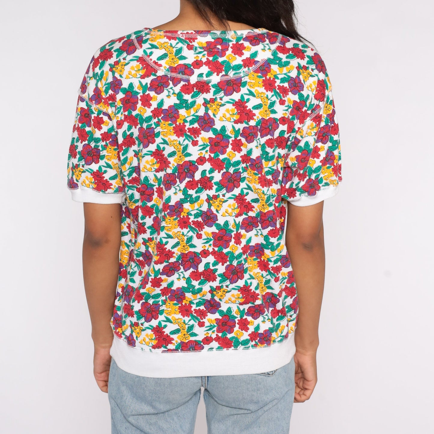 80s Floral Henley Shirt Red White Graphic Blouse Short Sleeve Large L