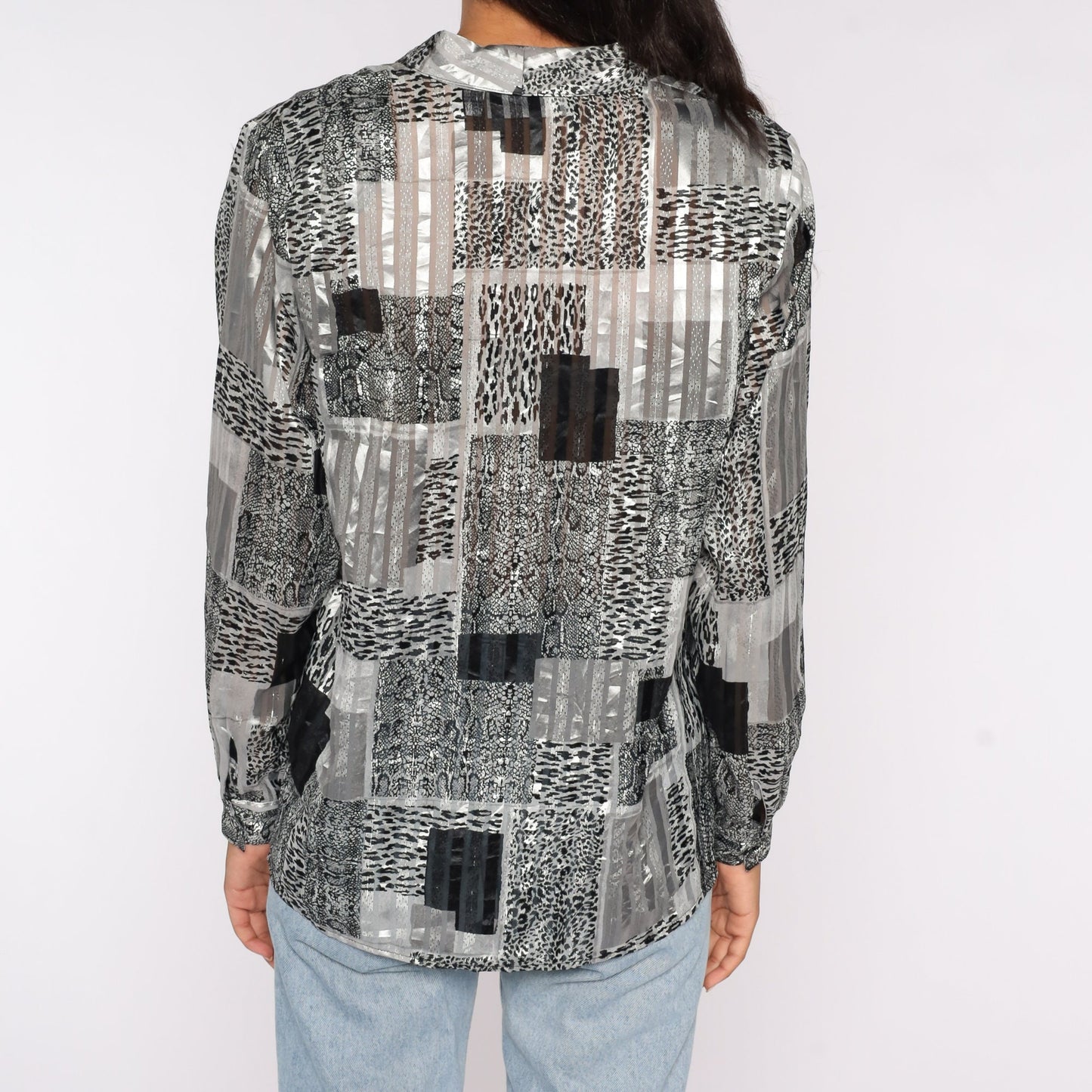 90s Leopard Print Semi-Sheer Blouse Black Striped Button-Up Medium