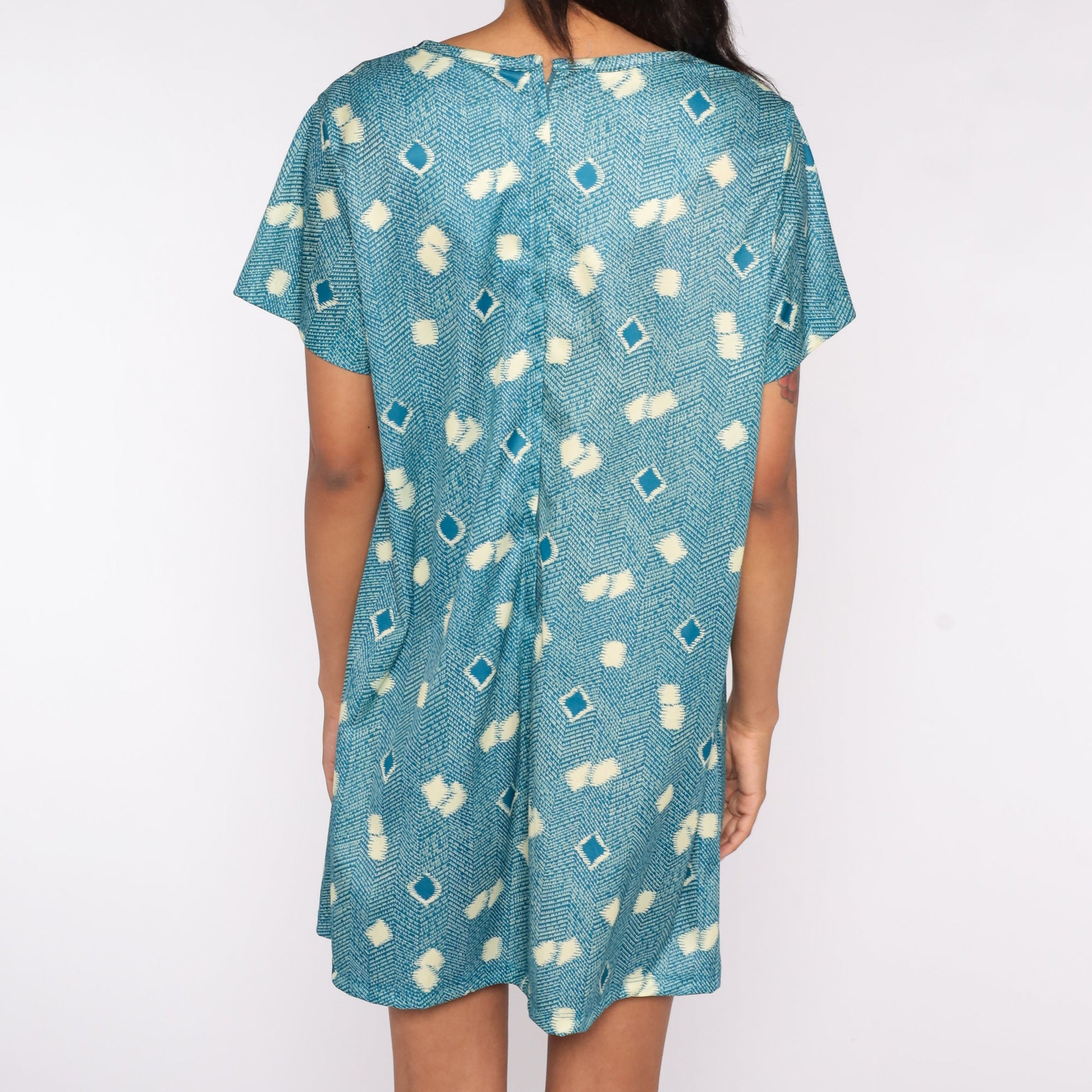 70s Geometric Print Shift Minidress Keyhole Neckline Blue Short Sleeve Extra Large