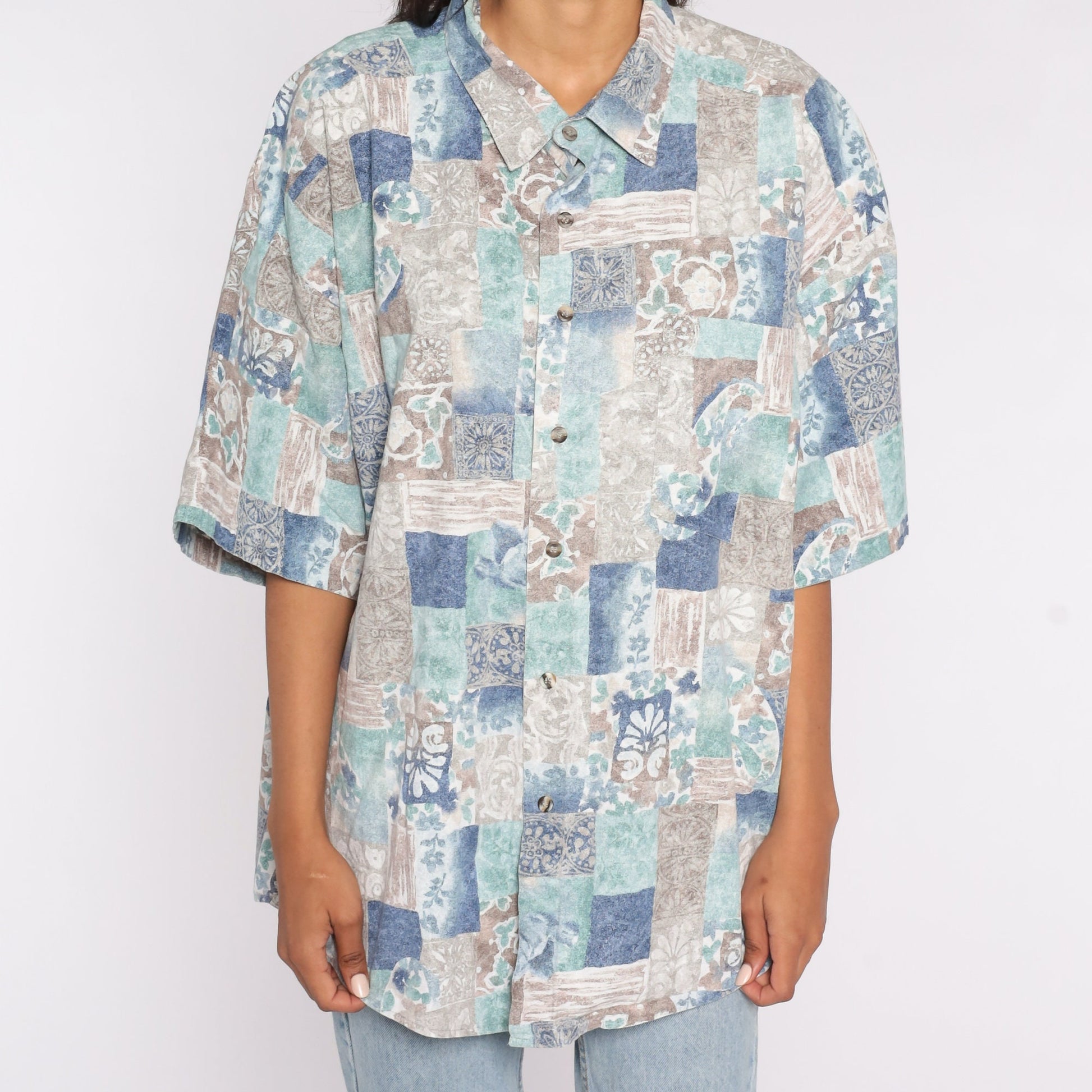 90s Floral Geometric Button-Up Blouse Blue Cotton XXL