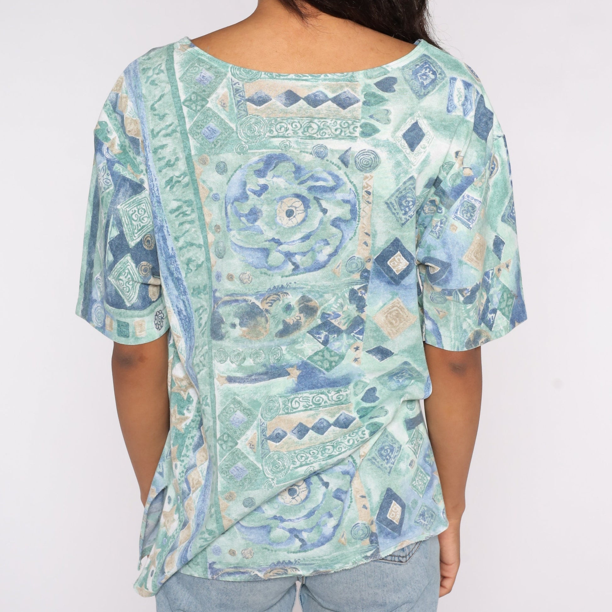 90s Geometric Graphic T-Shirt Green Grunge Tee Large XL