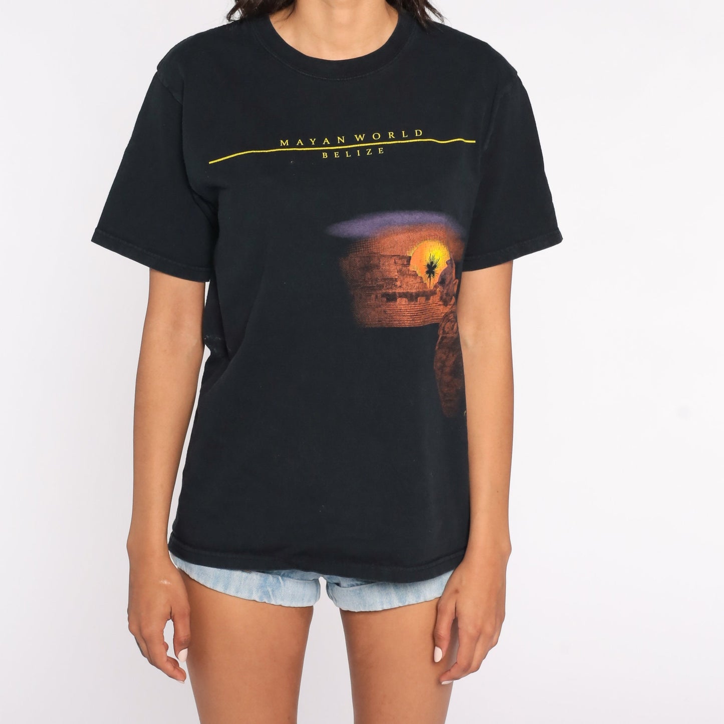 90s Belize Mayan Ruins Graphic T-Shirt Black Cotton Tee Medium