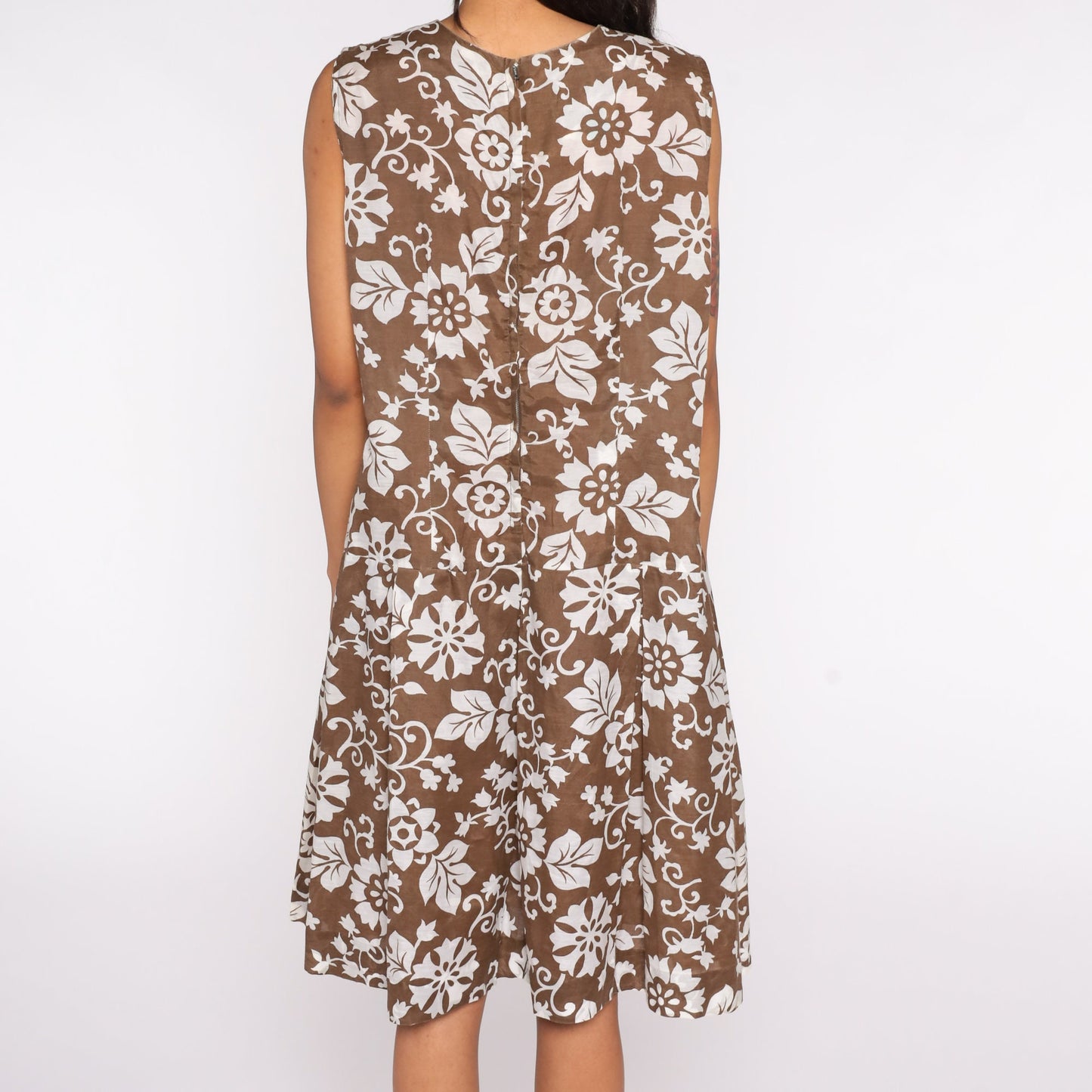 60s Mod Floral Drop Waist Midi Dress Pleated Sleeveless Brown Extra Large XL