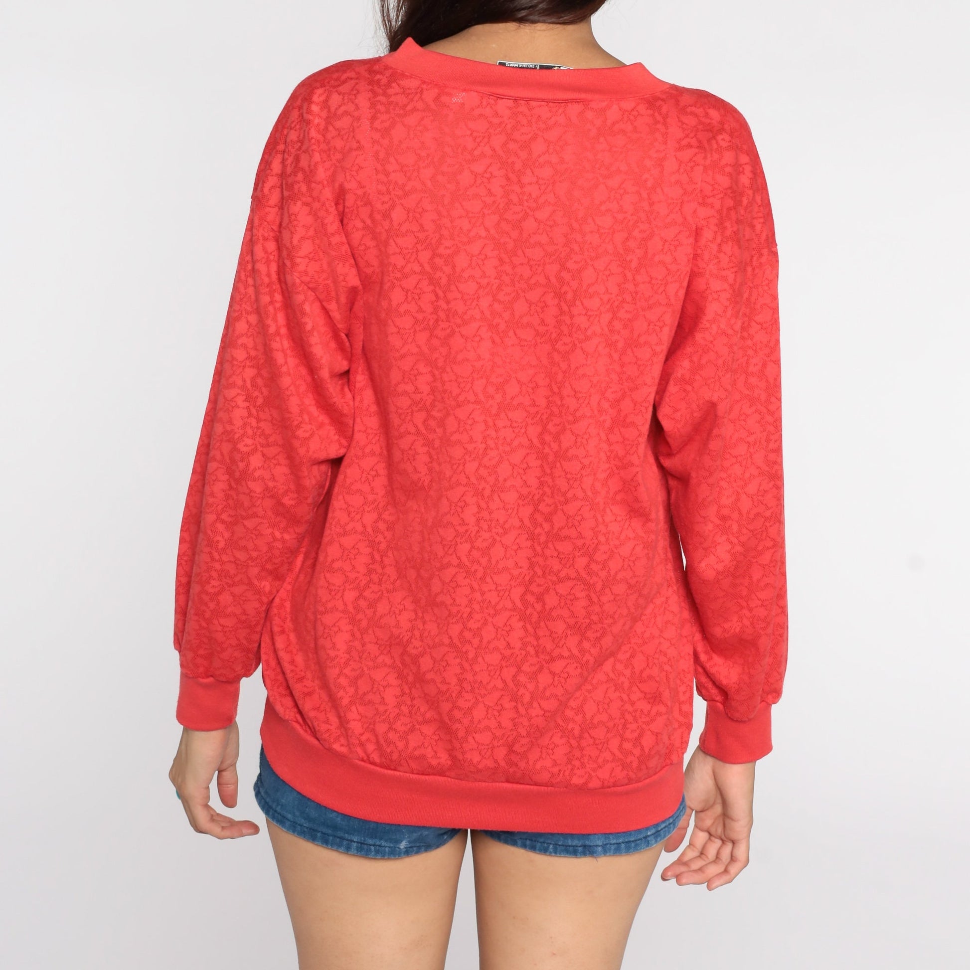 80s Red Floral Cardigan Sweatshirt Semi-Sheer Button-Up Medium Large