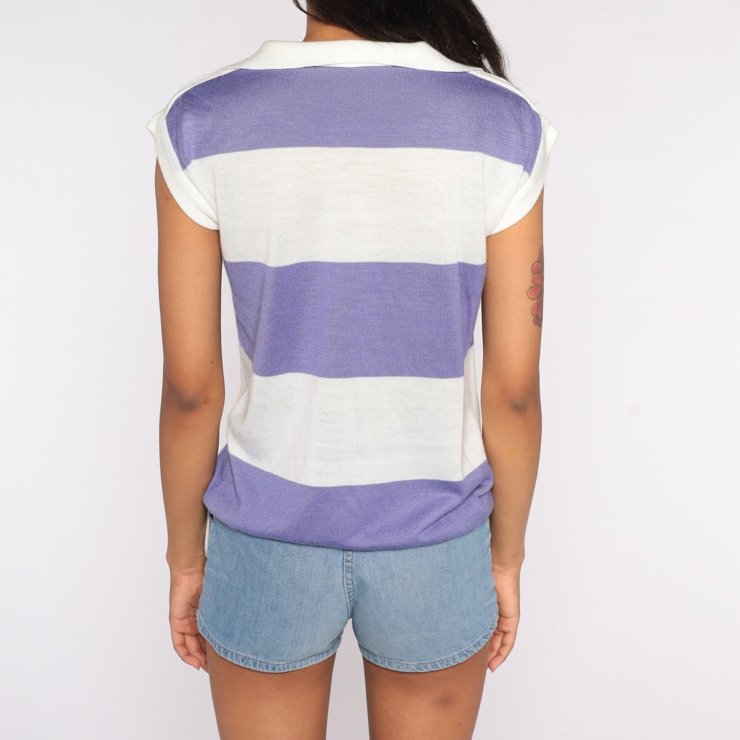 70s Striped Knit Blouse Purple Cap Sleeve Drawstring Waist Small Medium