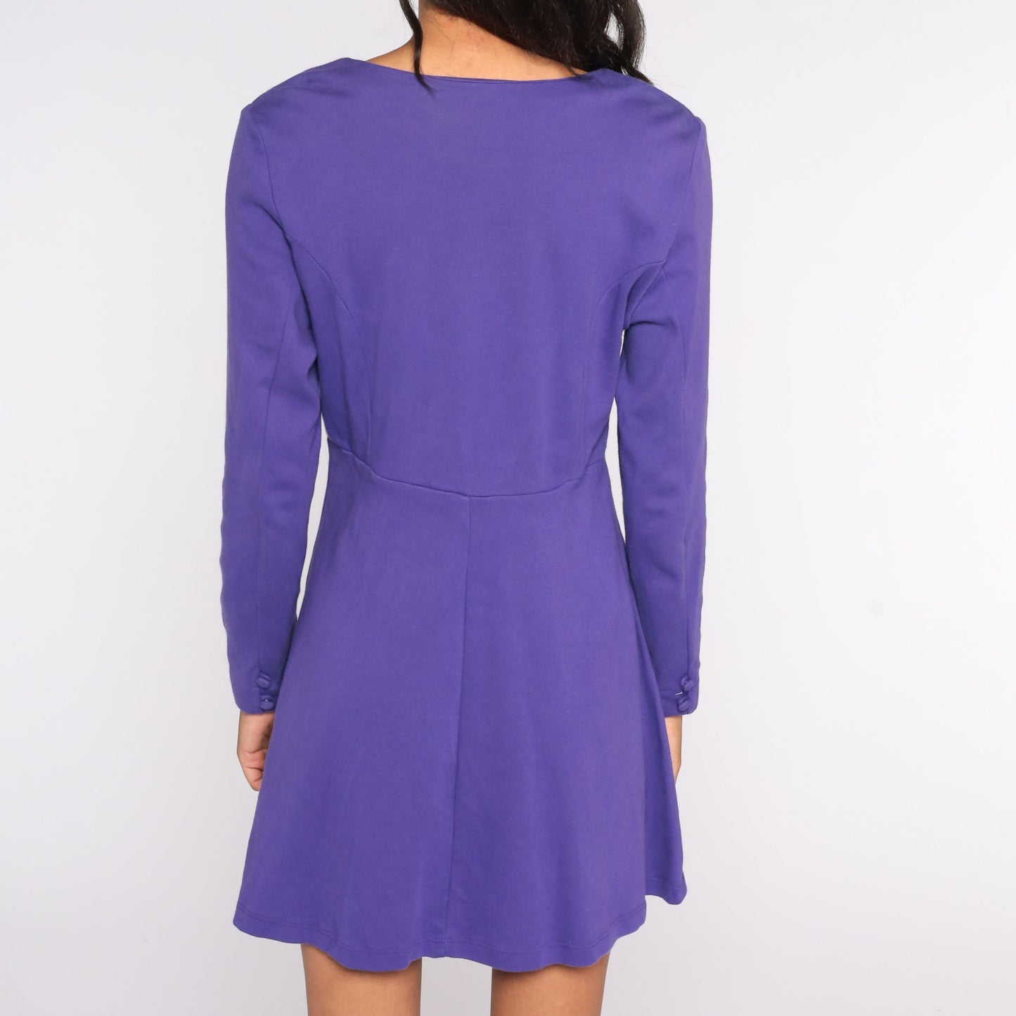80s Purple Babydoll Mini Dress Button-Up High Waist Long Sleeve Medium