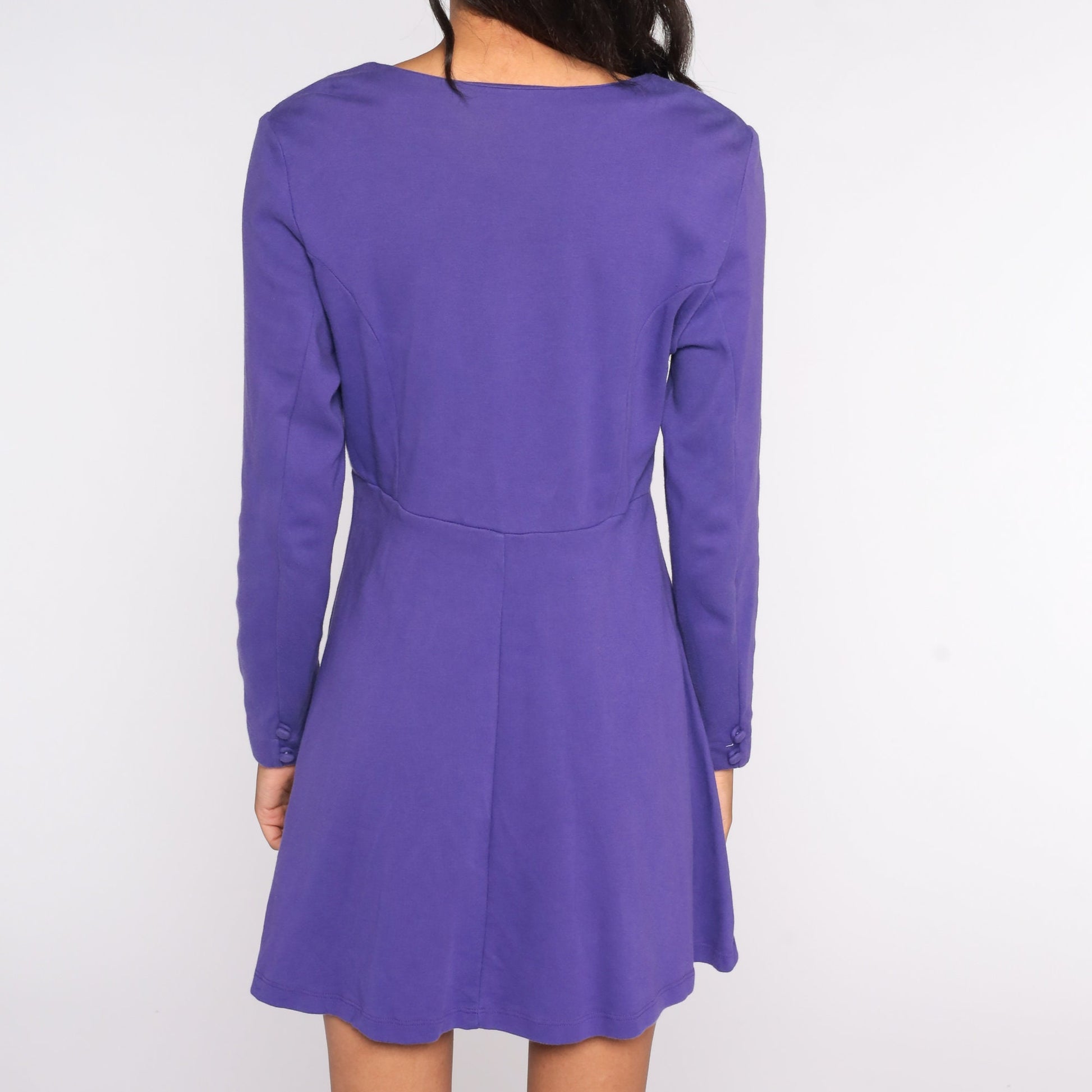 80s Purple Babydoll Mini Dress Button-Up High Waist Long Sleeve Medium