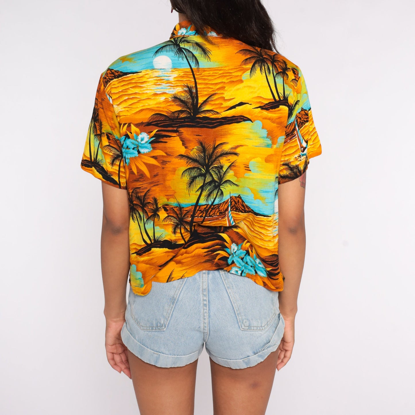 90s Hawaiian Sailboat Floral Print Button Up Shirt Yellow Small S