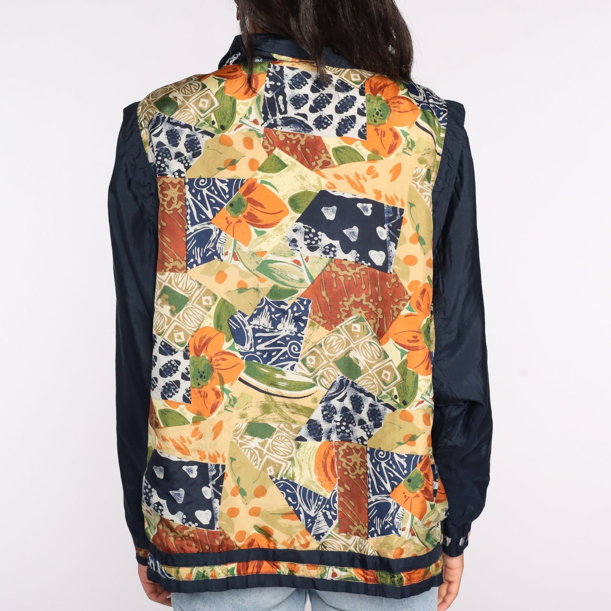 90s Silk Windbreaker Jacket Floral Print Black Tan Medium