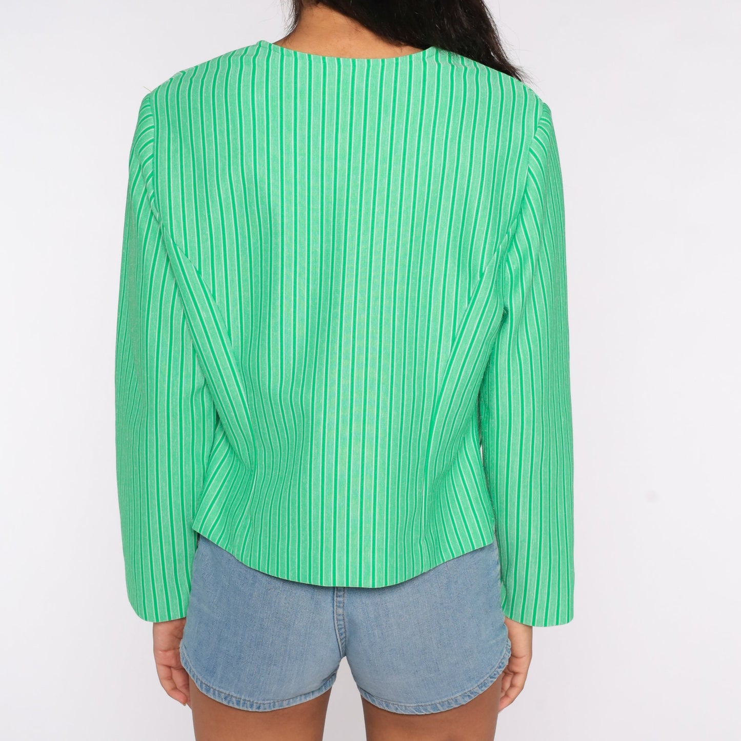 70s Green Striped Button-Up Shirt Long Sleeve Blouse V-Neck Large L