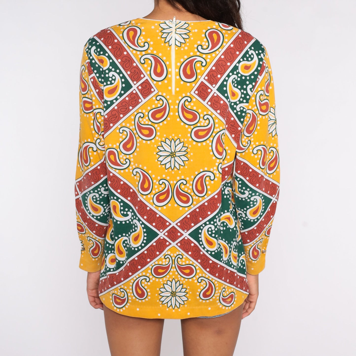 70s Psychedelic Floral Paisley Blouse Yellow Long Sleeve Extra Large