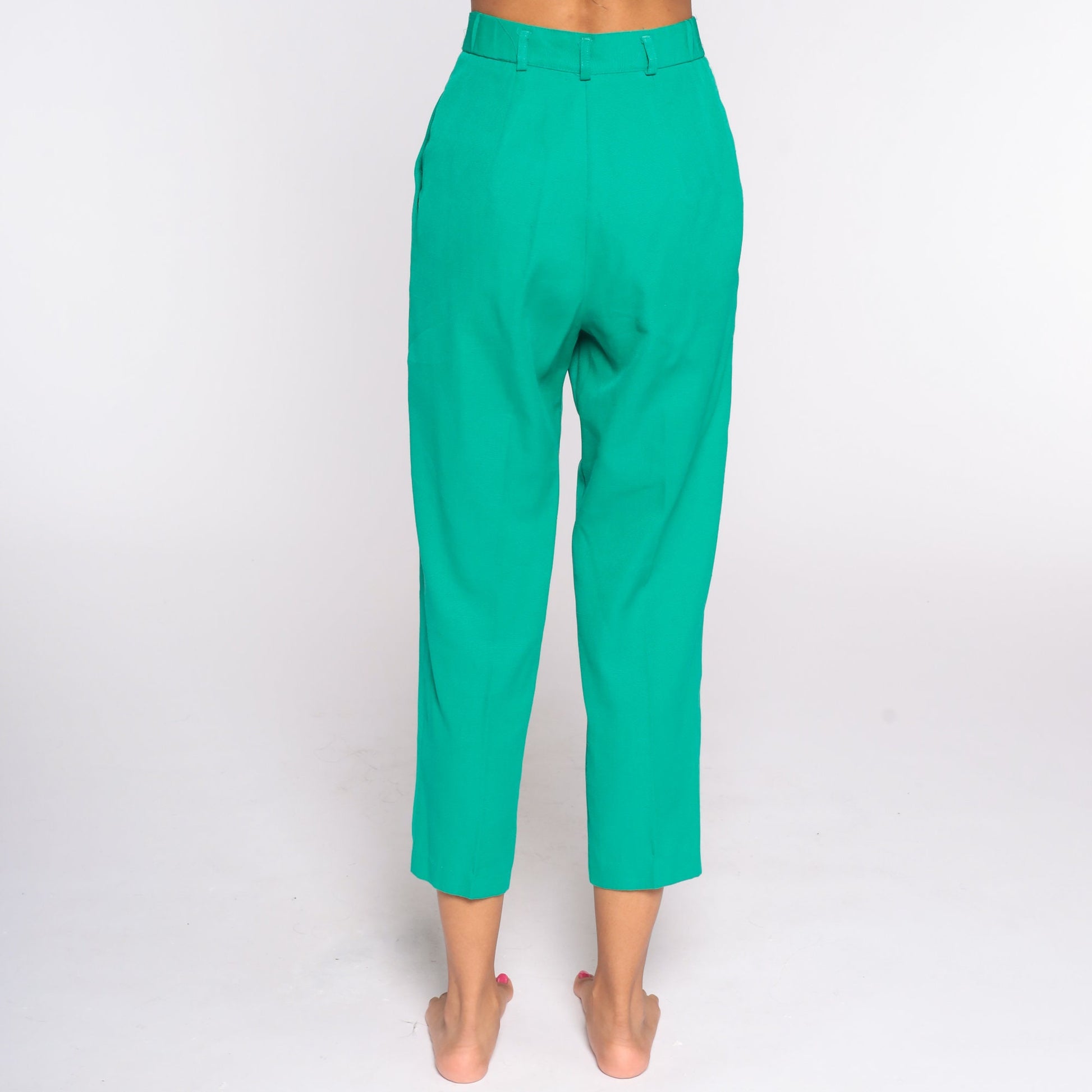 80s Green Pleated High-Waist Trousers Straight Leg Small