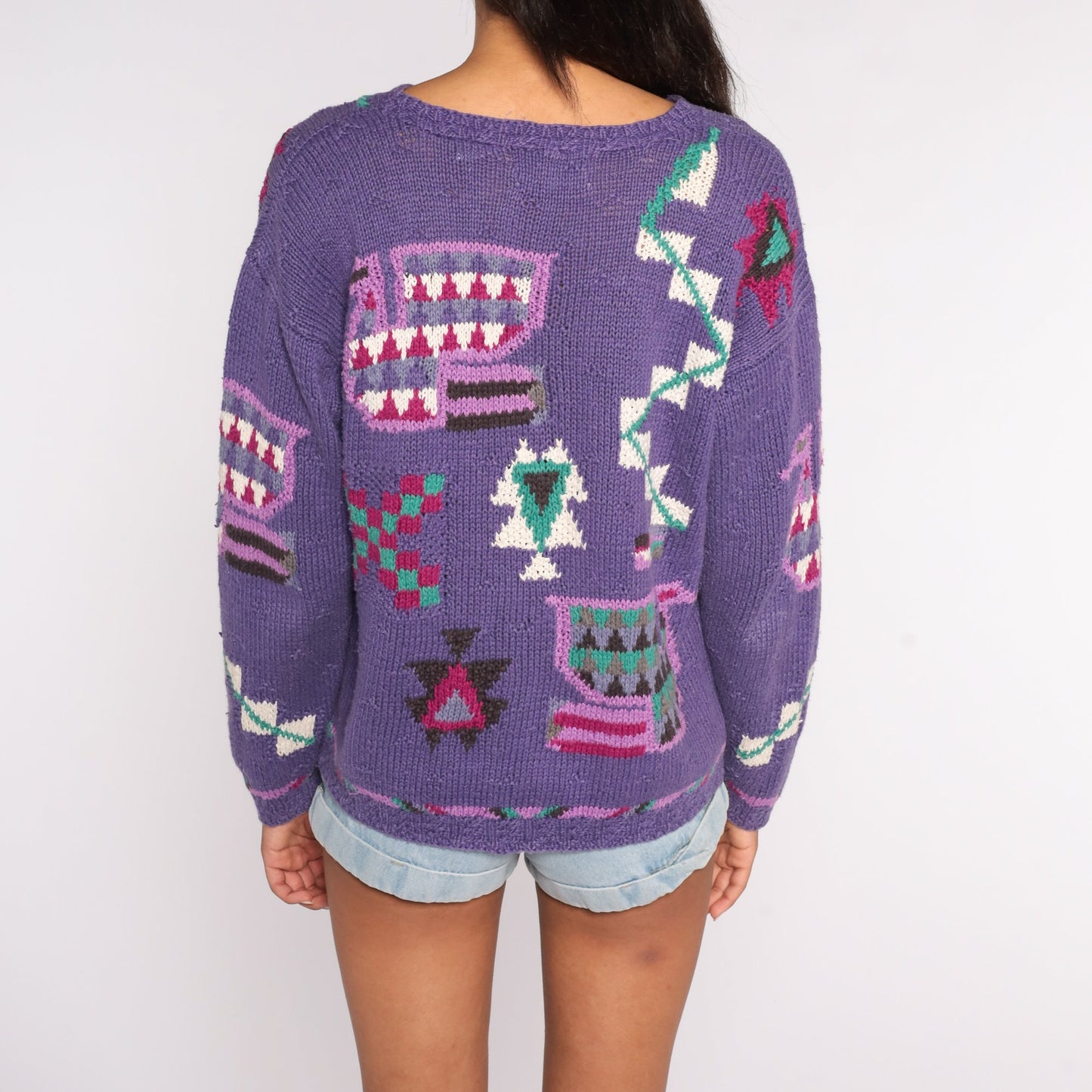 90s Purple Geometric Knit Sweater Cotton Ramie Pullover Medium