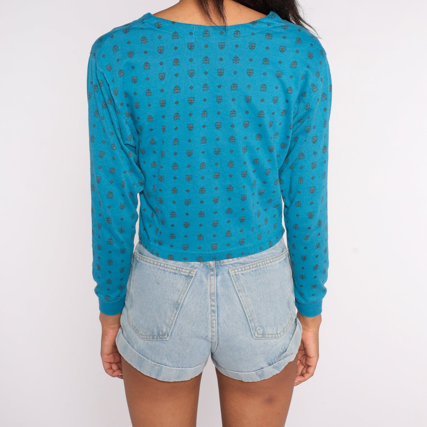 80s Turquoise Geometric Cotton Crop Top Button-Up Blouse Long Sleeve Medium