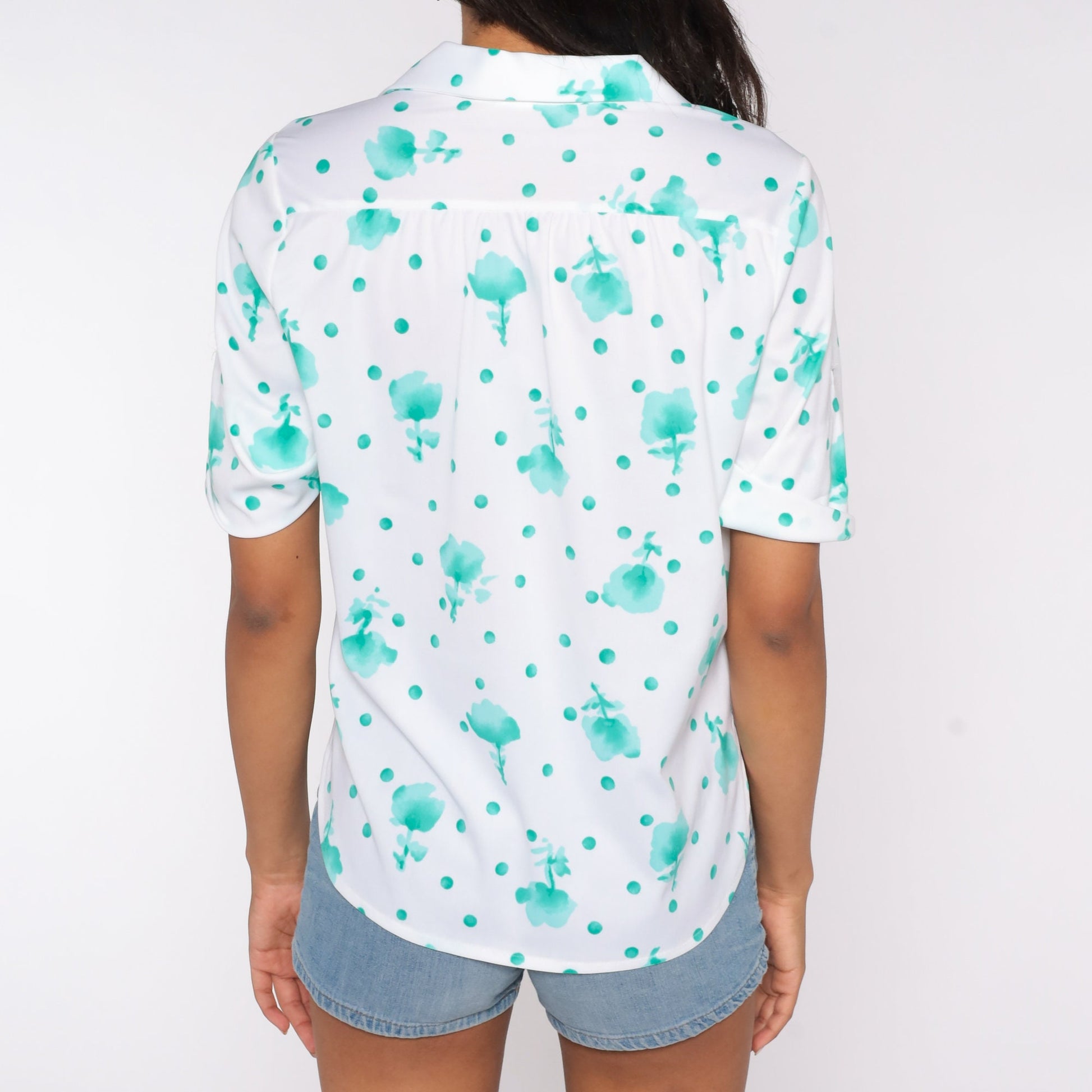 70s White Floral Print Tunic Top Short Sleeve Medium Large