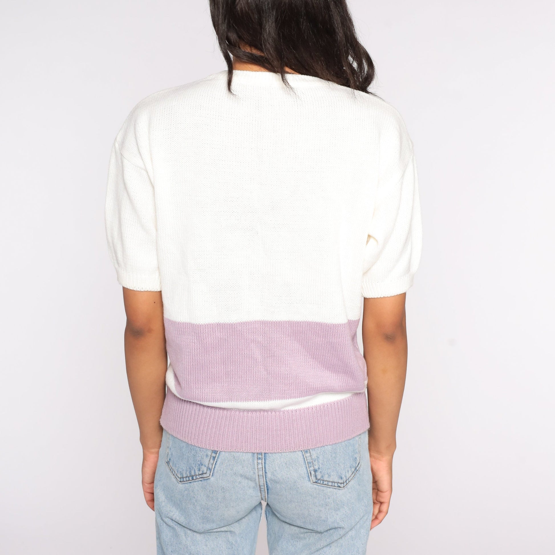 80s Tropical Beach Knit Top White Pink Colour Block Graphic Medium