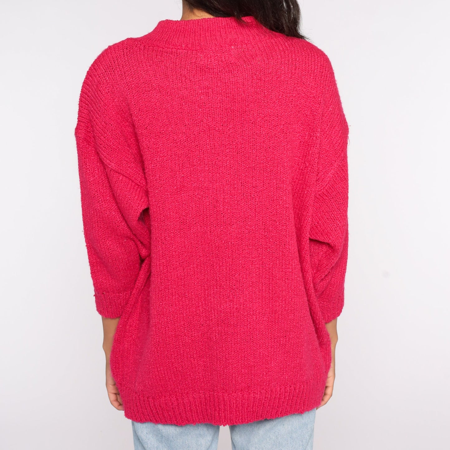 80s Hot Pink Cable Knit Sweater Pearl Button Pullover Extra Large XXL