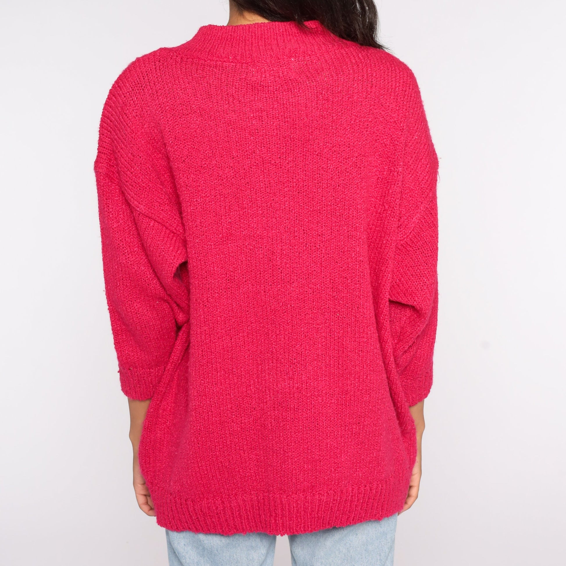 80s Hot Pink Cable Knit Sweater Pearl Button Pullover Extra Large XXL