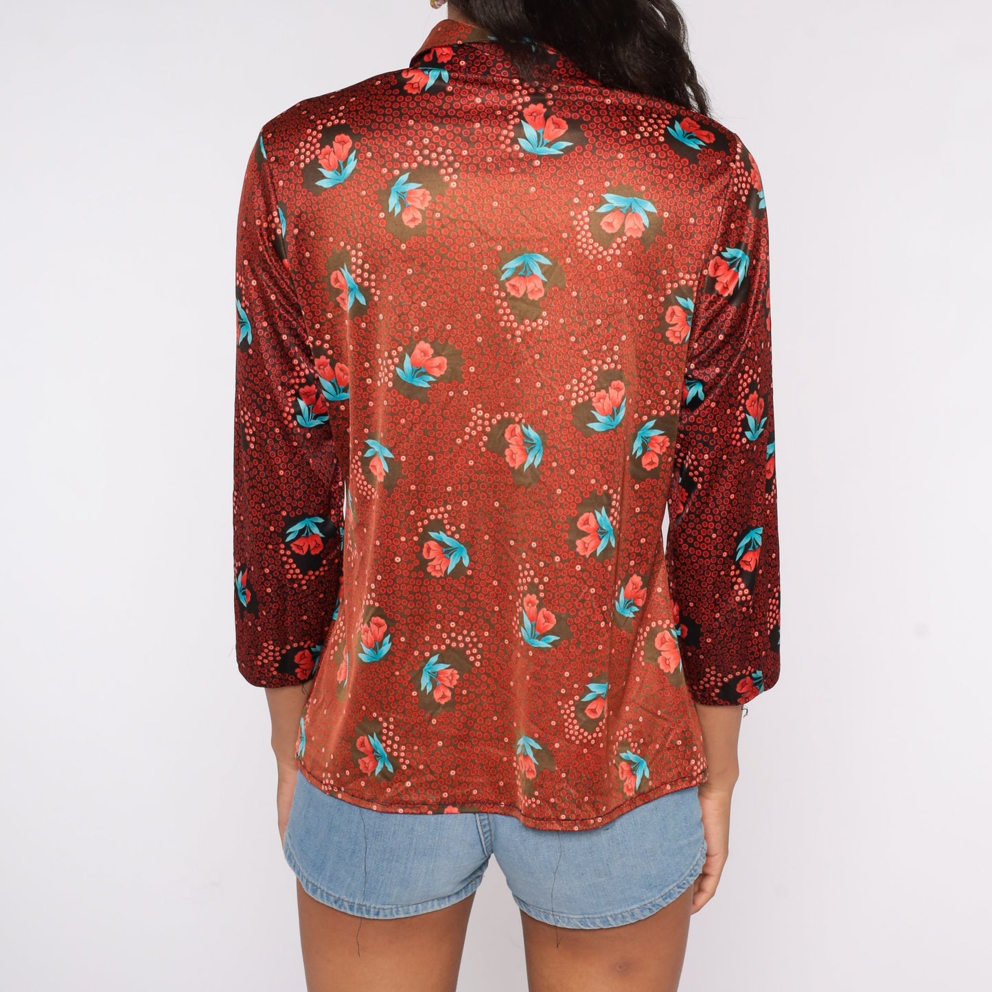 70s Floral Button-Up Shirt Red Flower Print Long Sleeve Blouse Medium Large