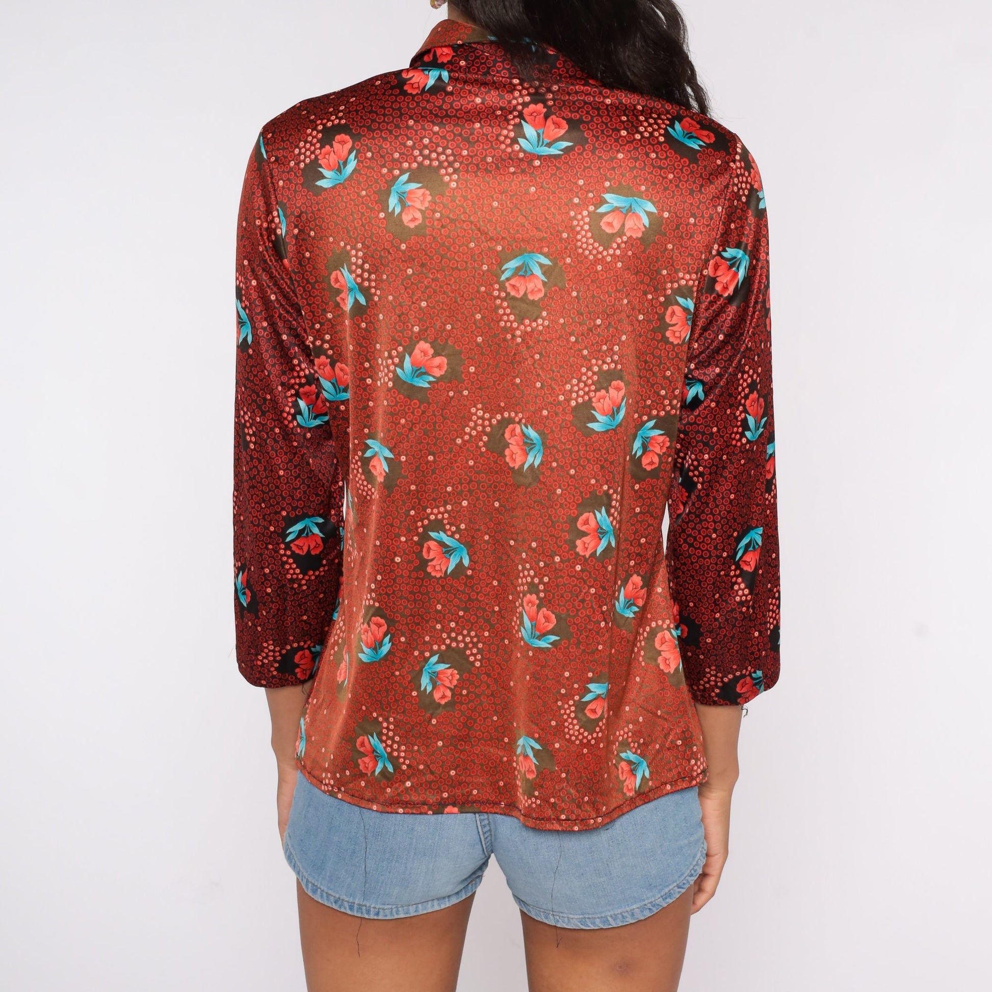 70s Floral Button-Up Shirt Red Flower Print Long Sleeve Blouse Medium Large