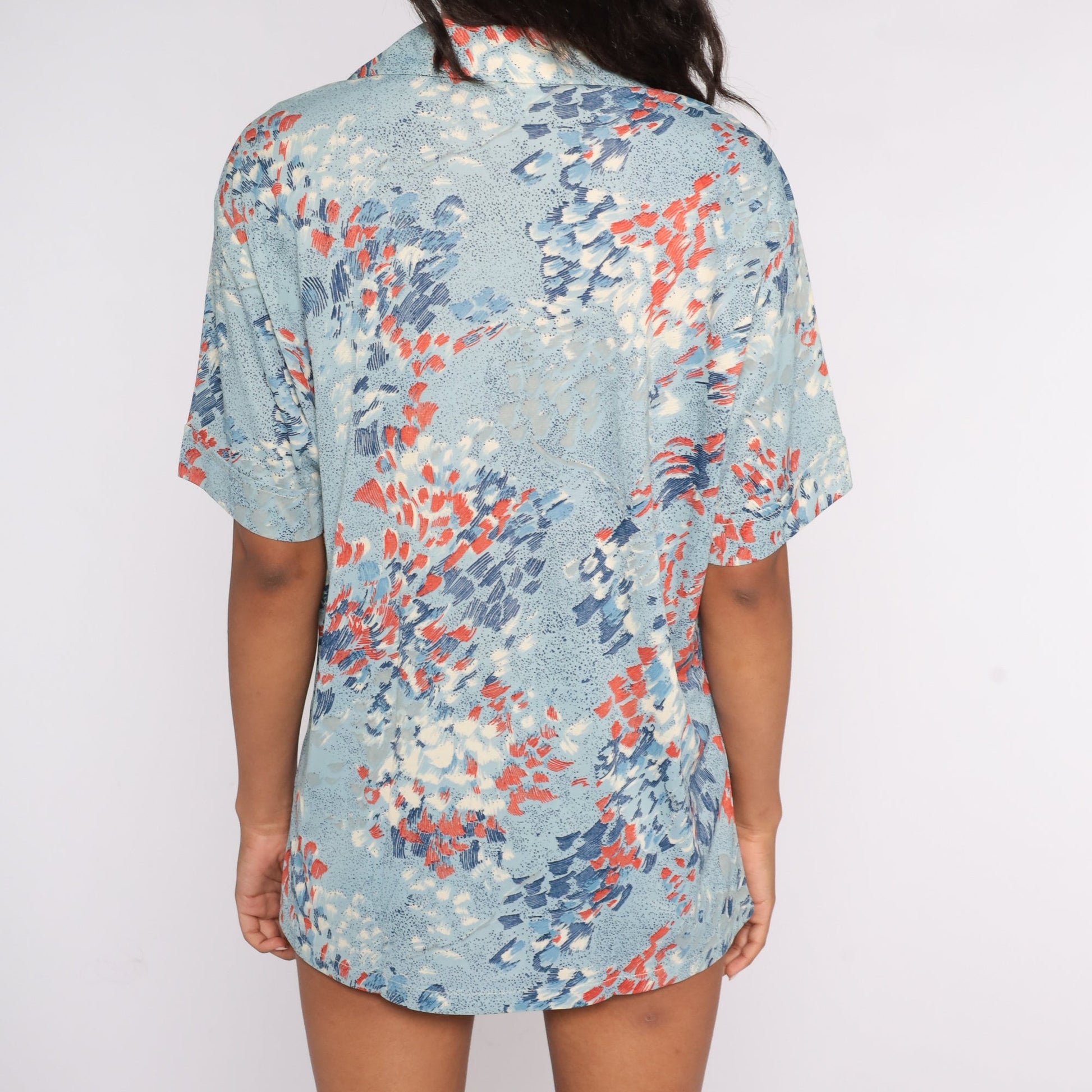 70s Brushstroke Blouse Blue V-Neck Short Sleeve Top Extra Large XXL
