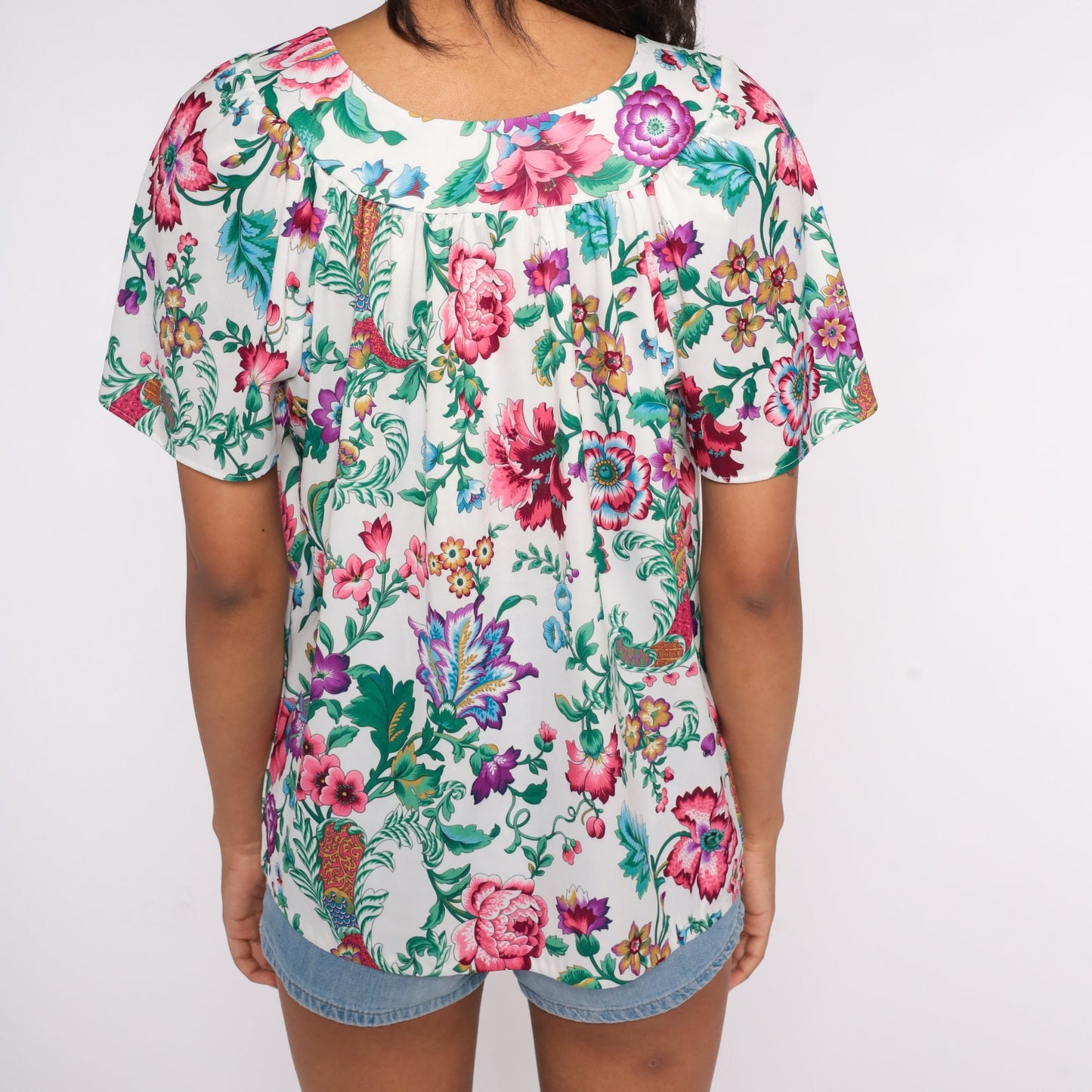 70s Floral Print Blouse White Tent Cut Flutter Sleeve Vintage Shirt Large L