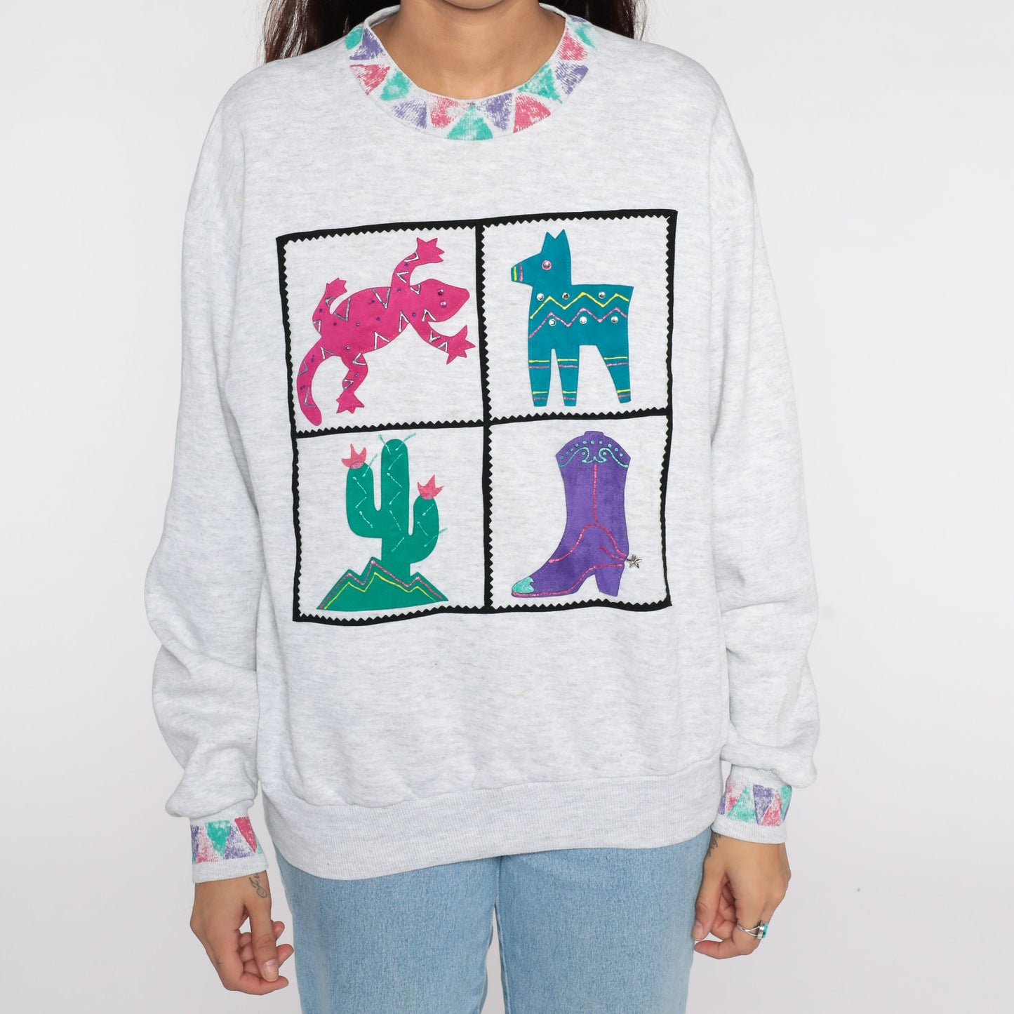 90s Southwestern Sweatshirt Cactus Coyote Gecko Grey Crewneck Medium
