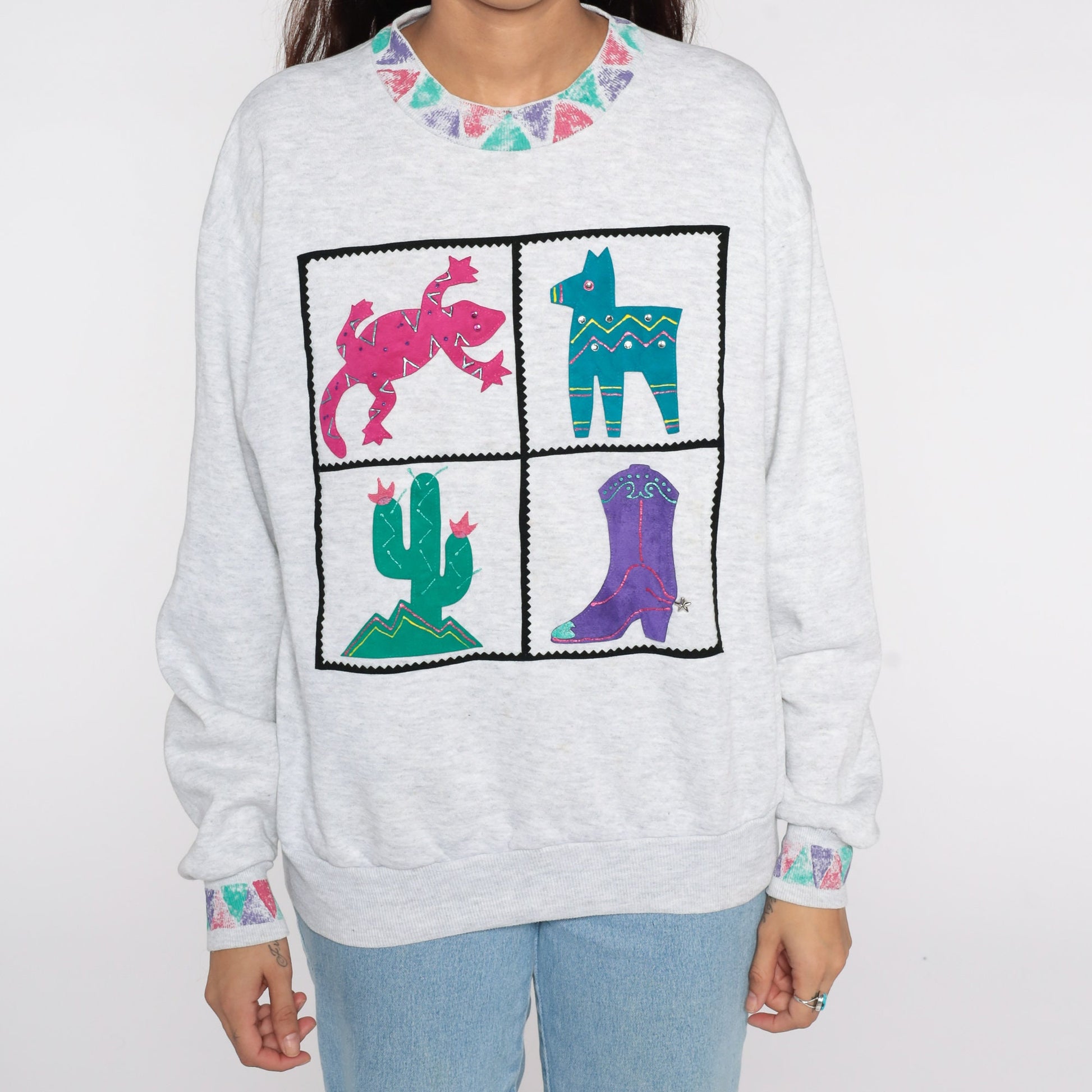 90s Southwestern Sweatshirt Cactus Coyote Gecko Grey Crewneck Medium