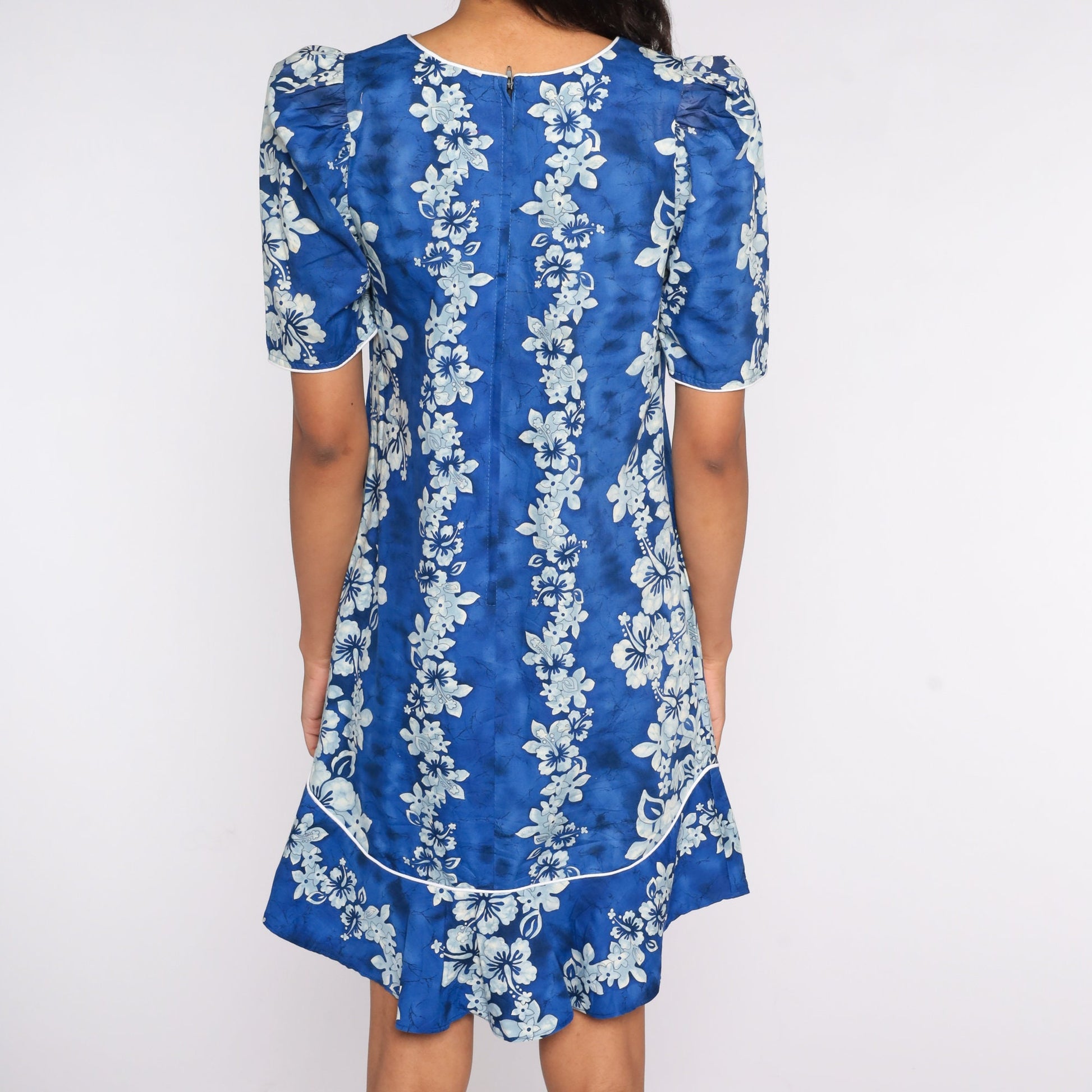 80s Hawaiian Floral Mini Dress Puff Sleeve Shift Cotton Small