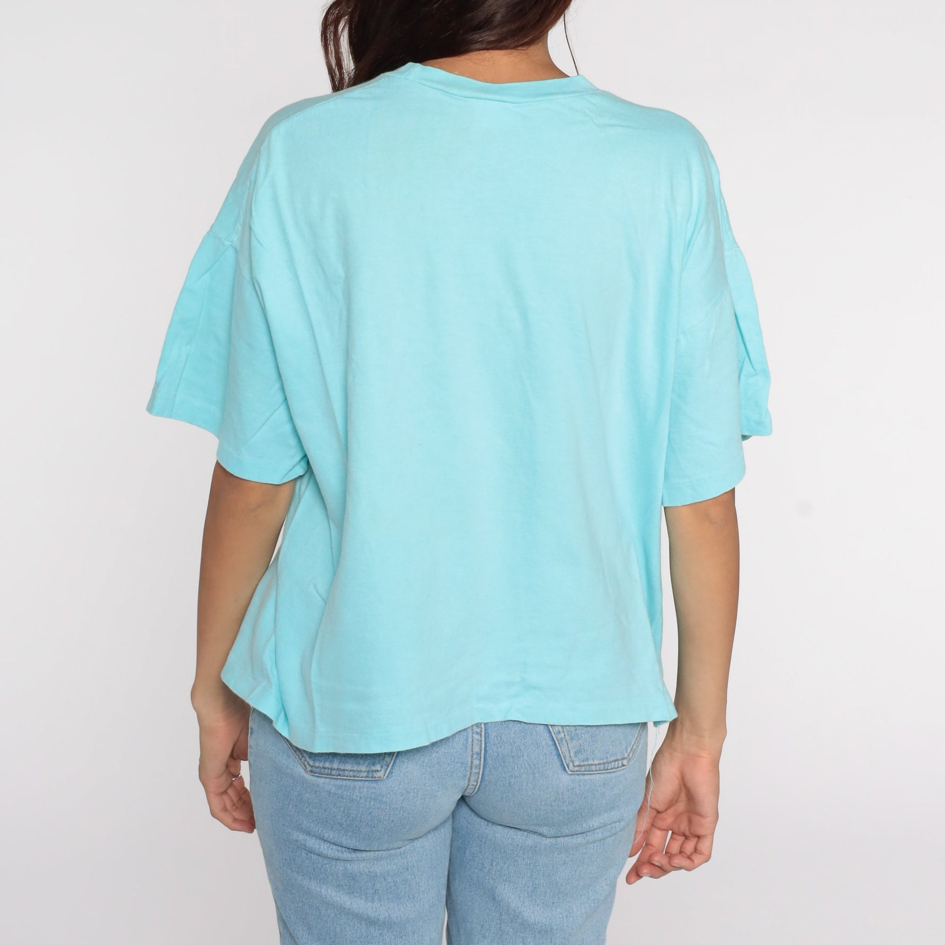 80s Blue Pocket T-Shirt Cotton Plain Crewneck Large