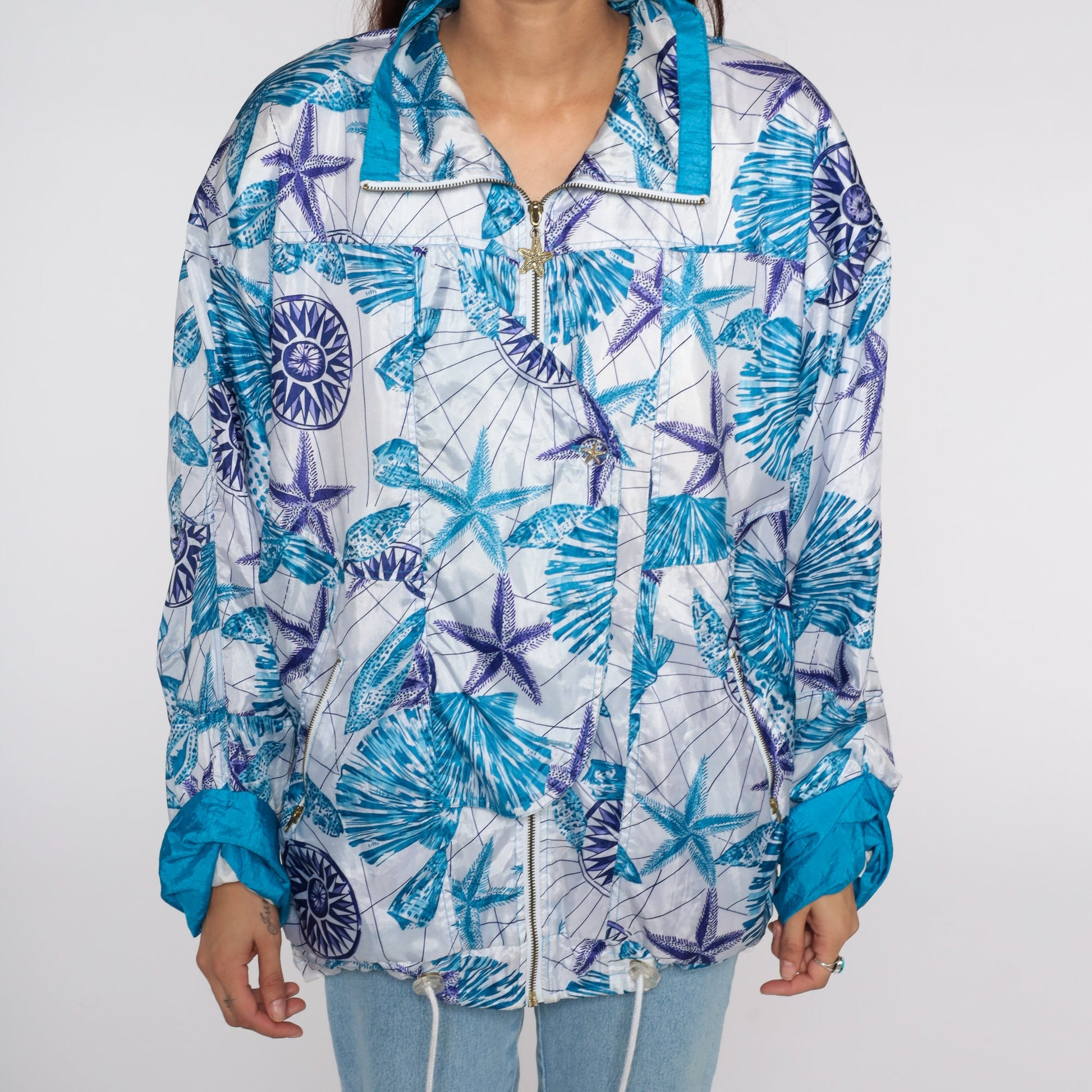 90s Seashell Nautical Windbreaker Jacket Purple Blue Zip Medium
