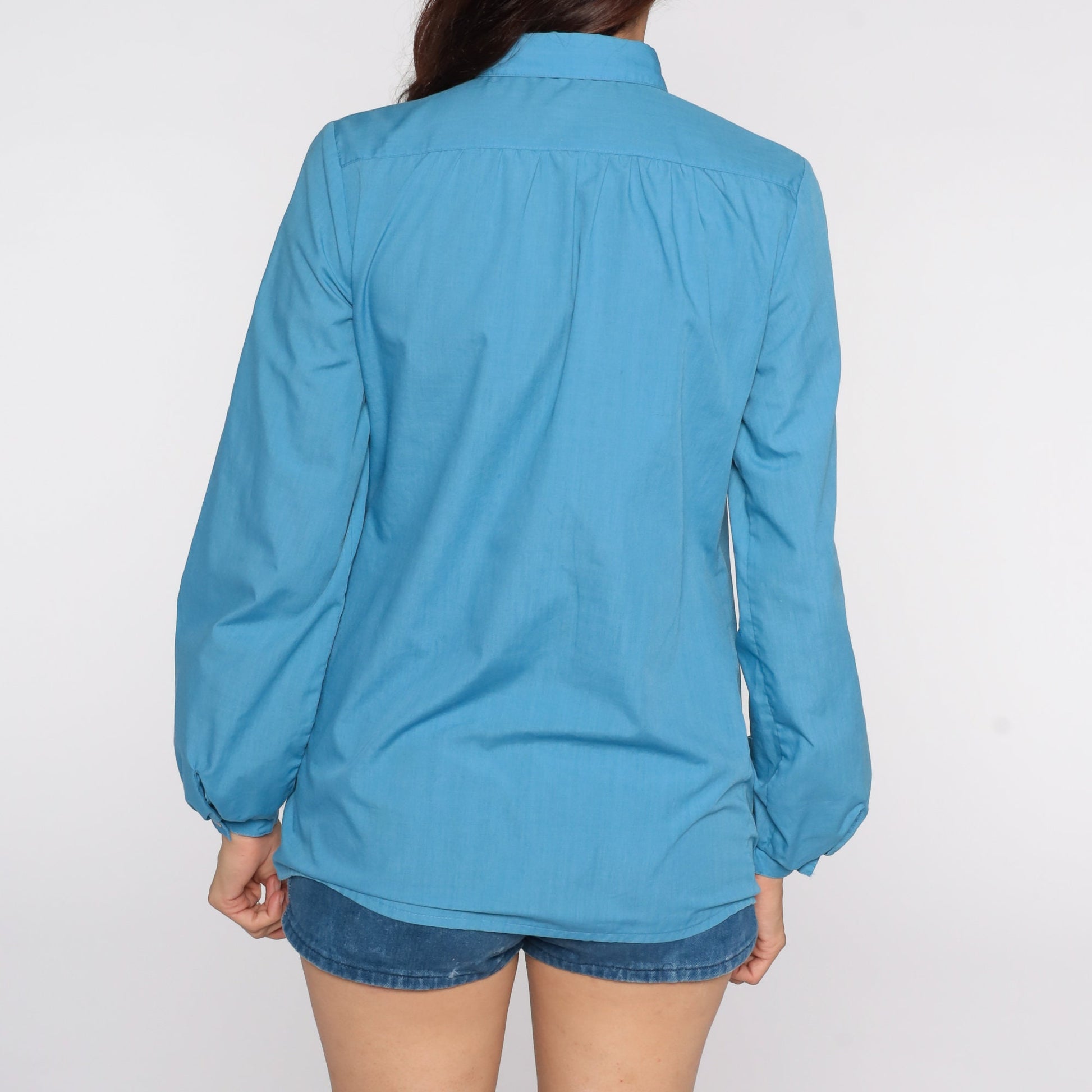 80s Blue Button-Up Blouse Pleated Long Sleeve Shirt Medium