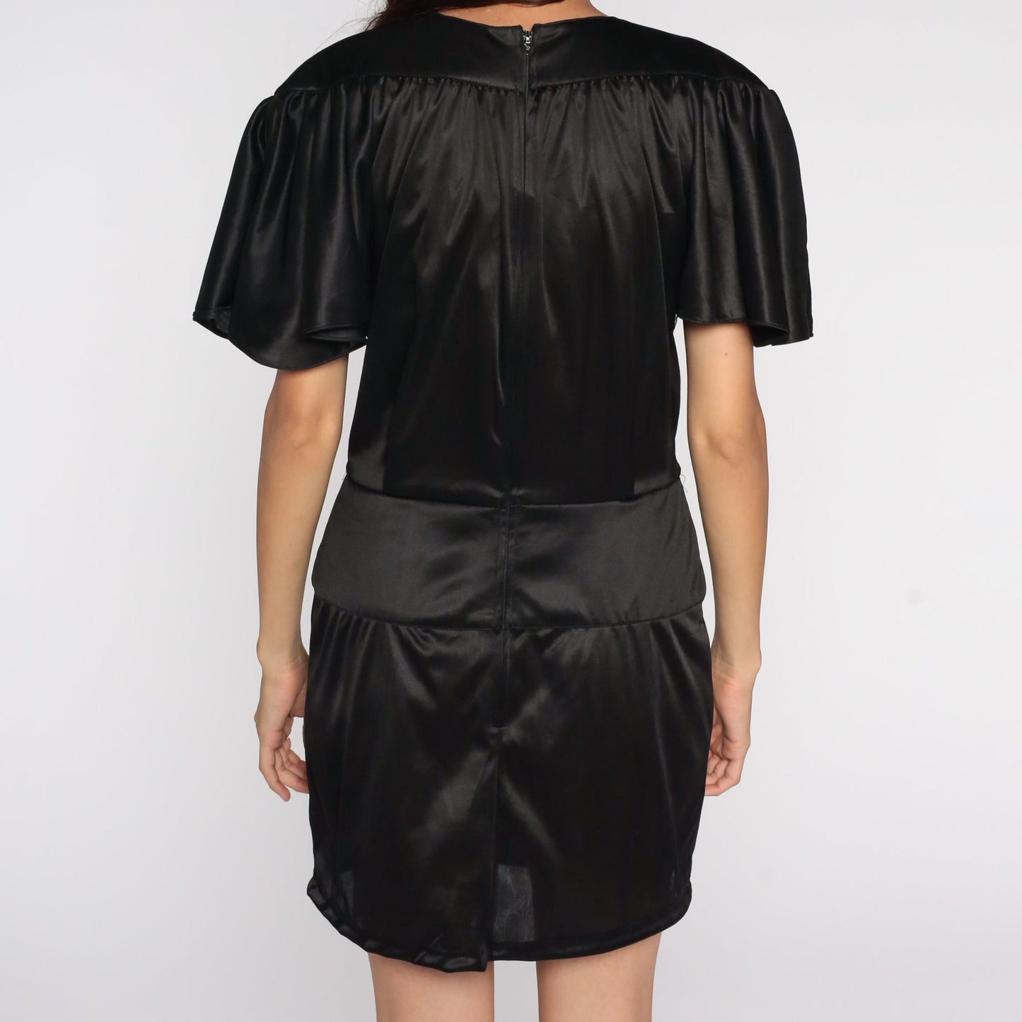 70s Fredericks of Hollywood Black Mini Dress Flutter Sleeve Deep V Wrap Neckline Medium Large