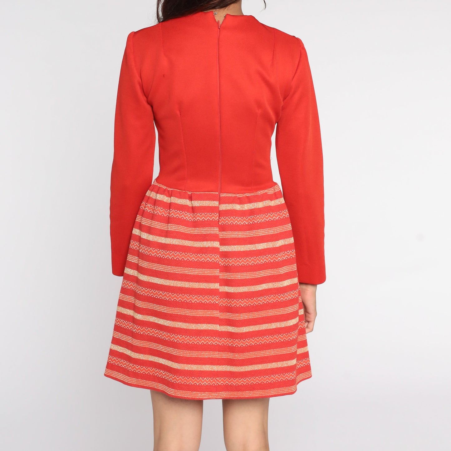 60s Mod Mini Dress Red Gold Striped Long Sleeve High Waist Small
