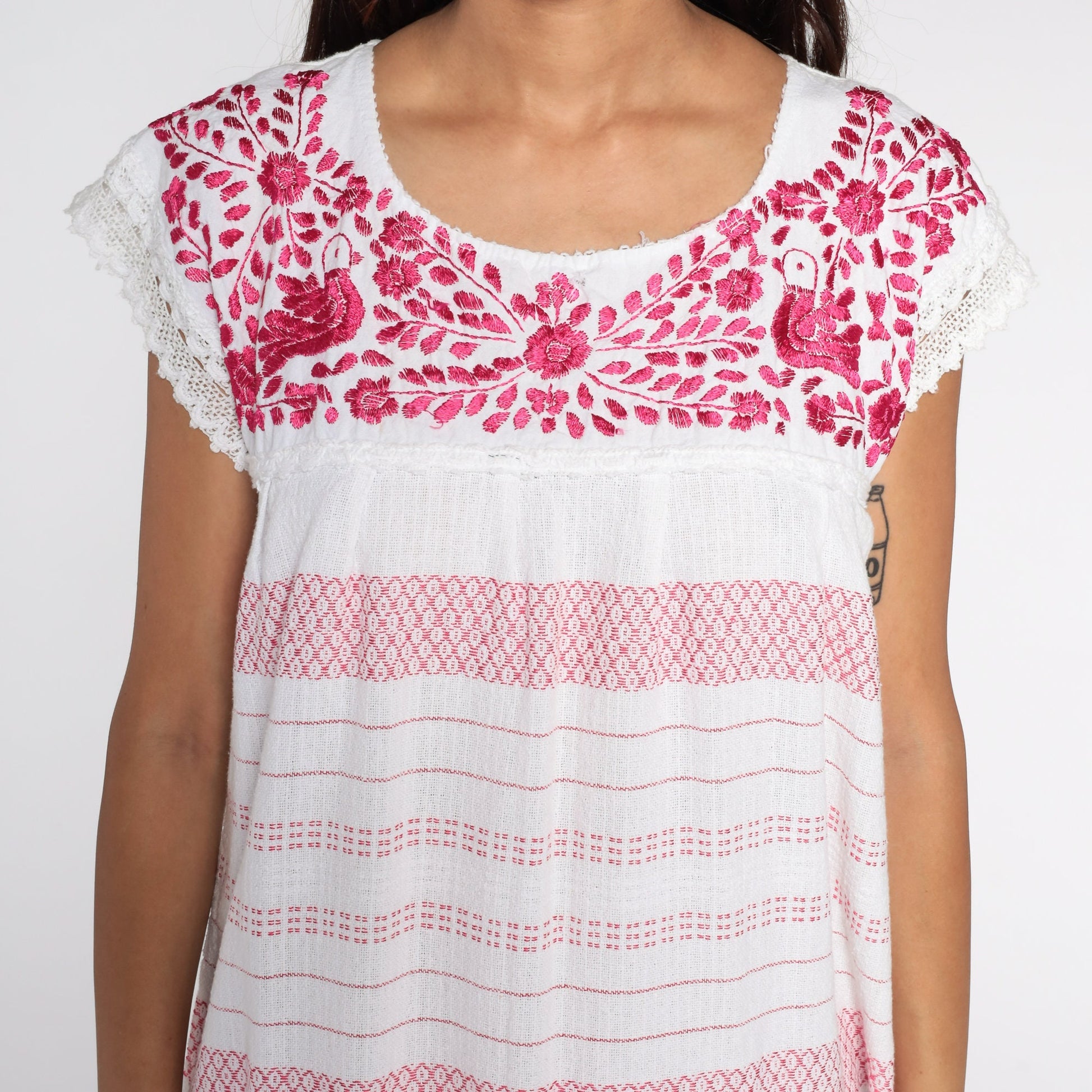 Vintage Mexican Embroidered White Cotton Mini Dress Pink Floral Small