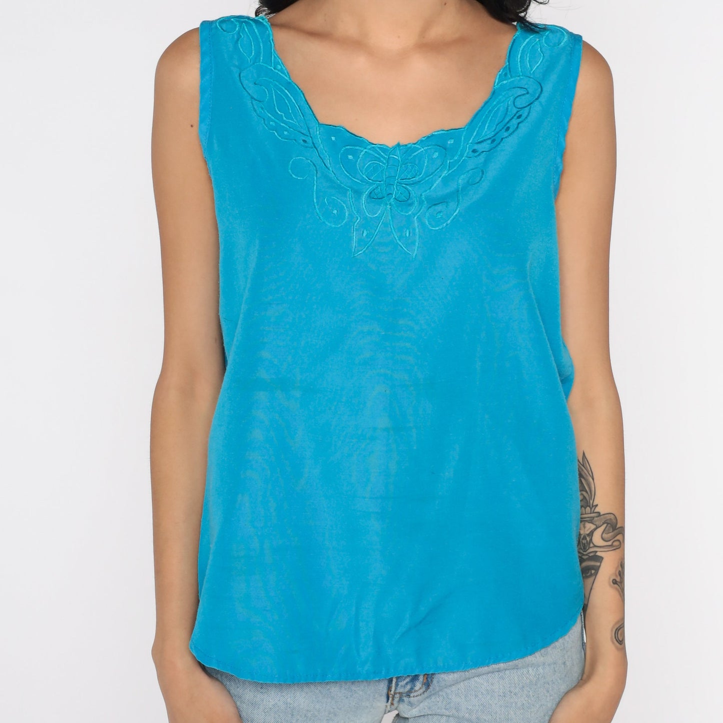 80s Blue Linen Tank Top Embroidered Butterfly Sleeveless Blouse Small