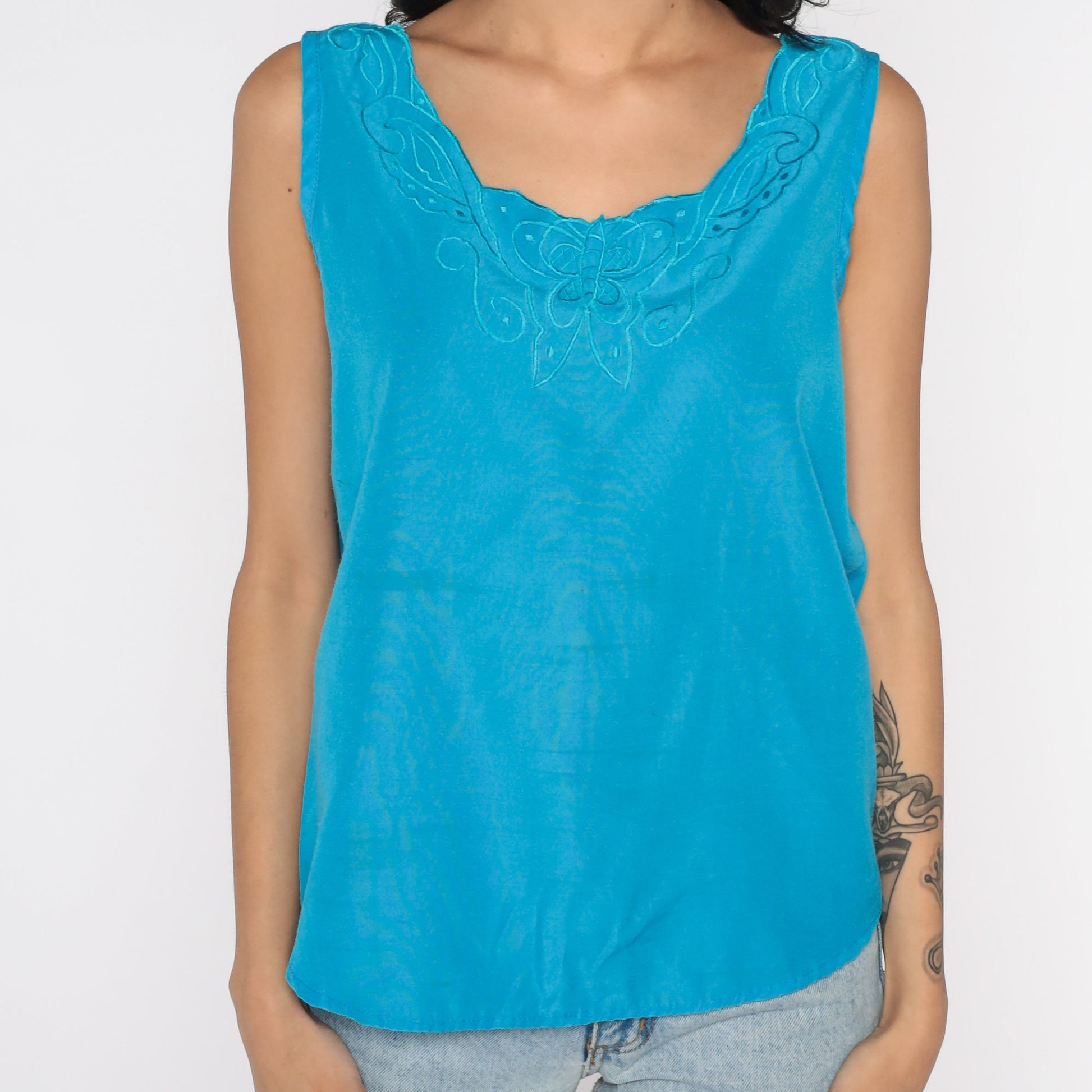 80s Blue Linen Tank Top Embroidered Butterfly Sleeveless Blouse Small