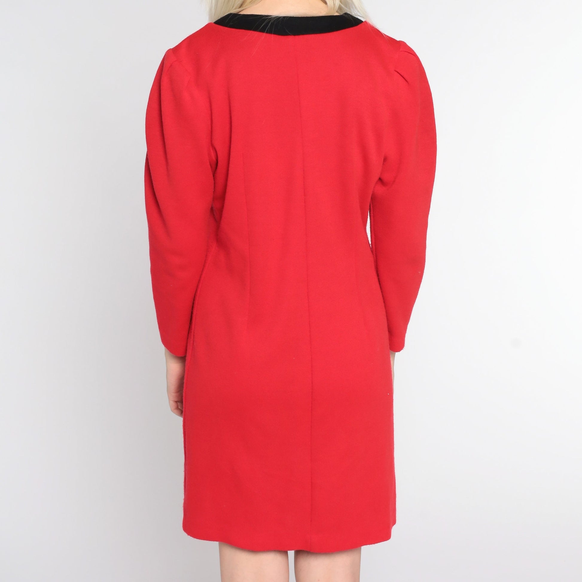 80s Red Mini Dress Puff Sleeve Button Up Black Trim Small