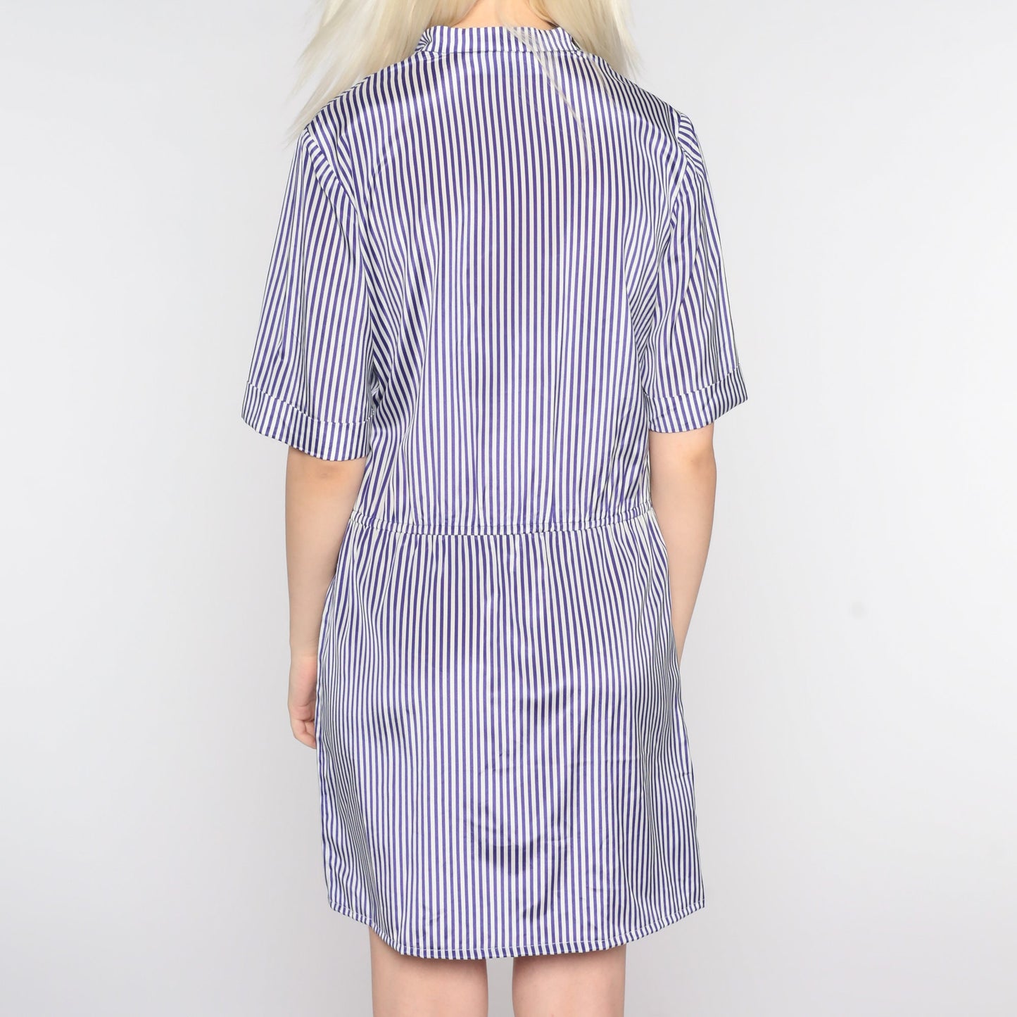 80s Purple White Striped Mini Dress Button Up Short Sleeve Small Medium