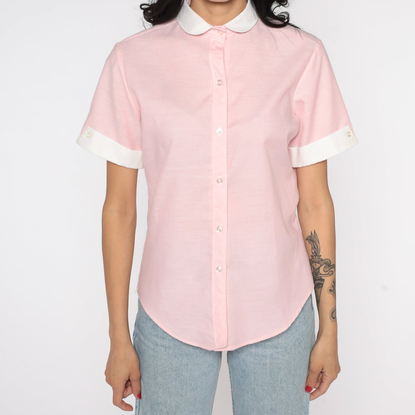 80s Baby Pink Peter Pan Collar Button-Up Blouse Short Sleeve Medium