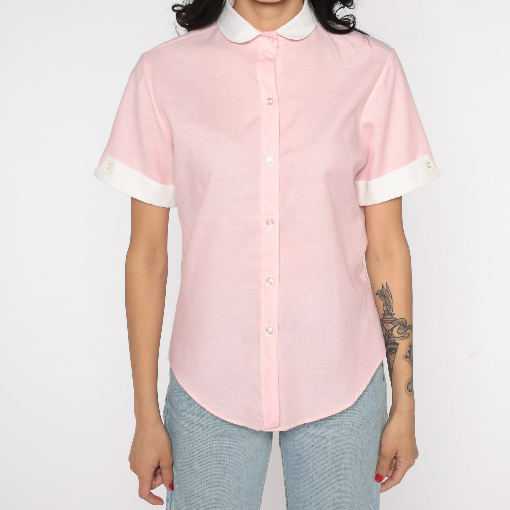 80s Baby Pink Peter Pan Collar Button-Up Blouse Short Sleeve Medium