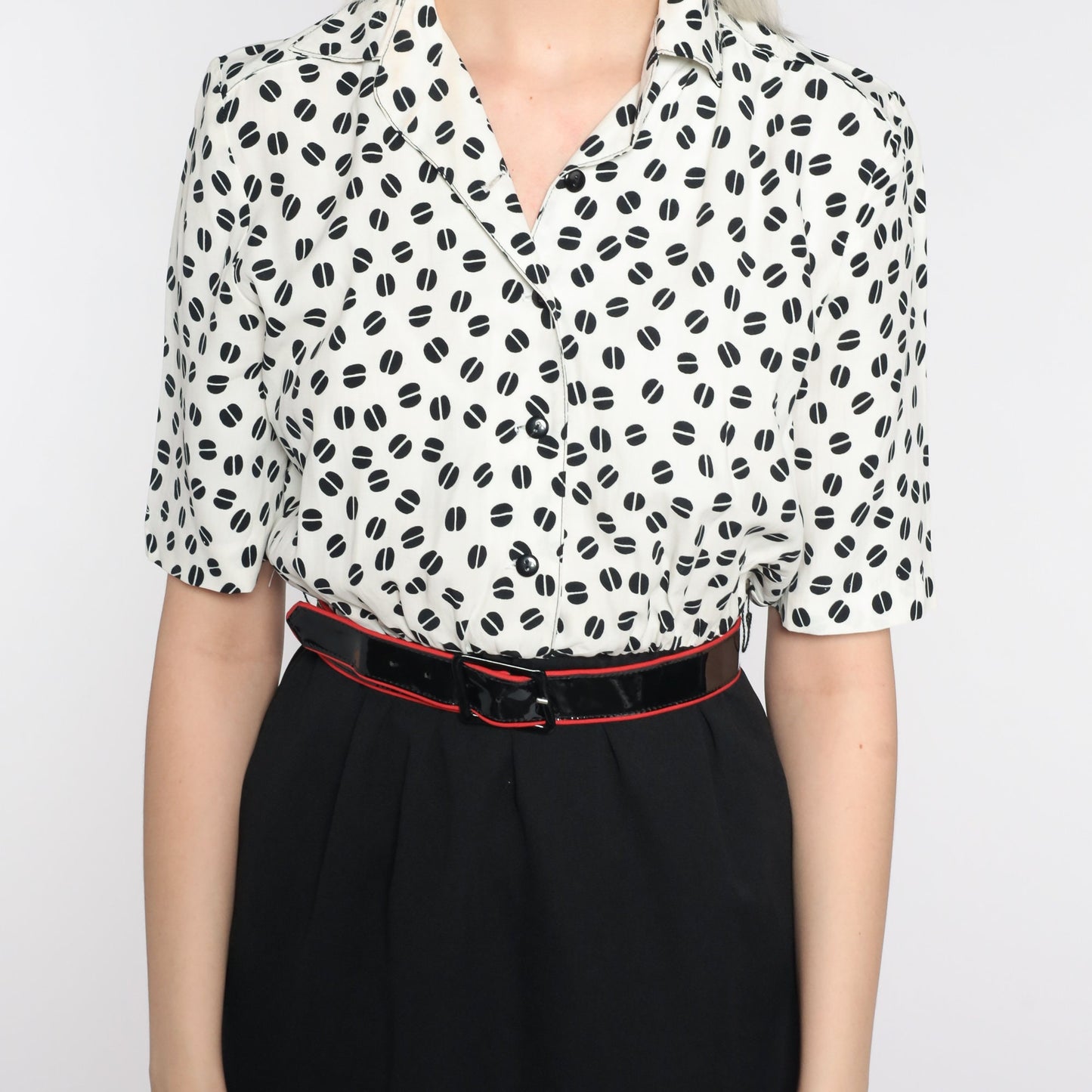 80s Black White Geometric Mini Shirtdress High Waist Button Front Extra Small