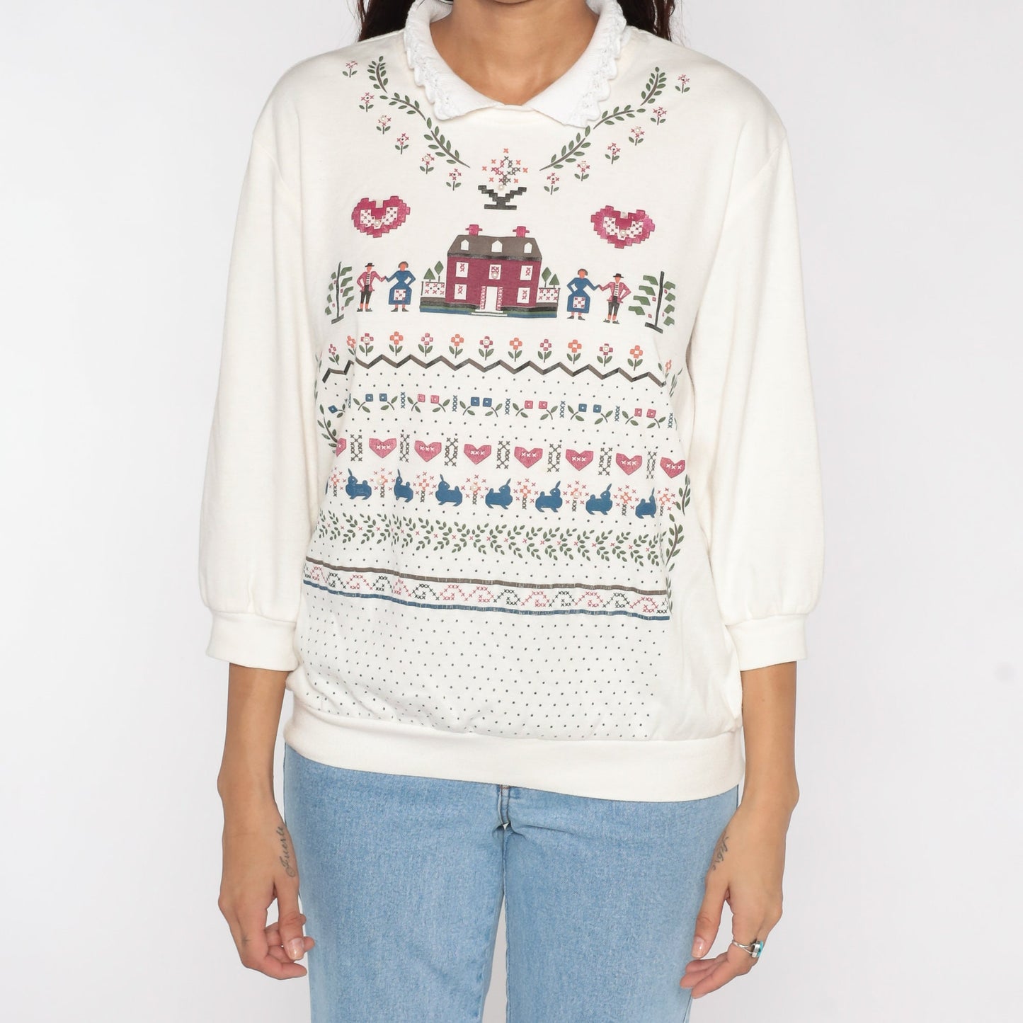 90s Country Home Collared Sweatshirt Cream Graphic Crewneck Large