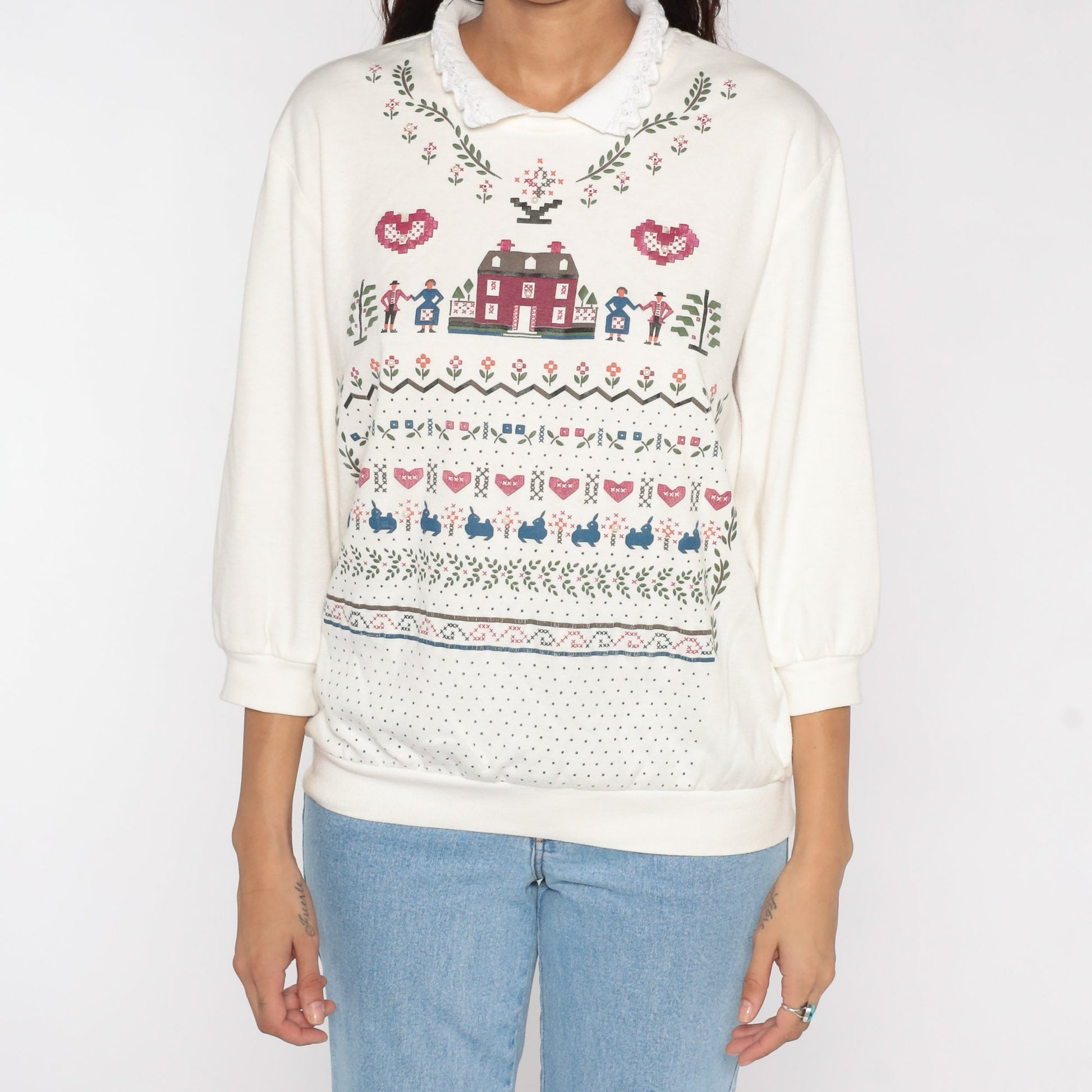 90s Country Home Collared Sweatshirt Cream Graphic Crewneck Large